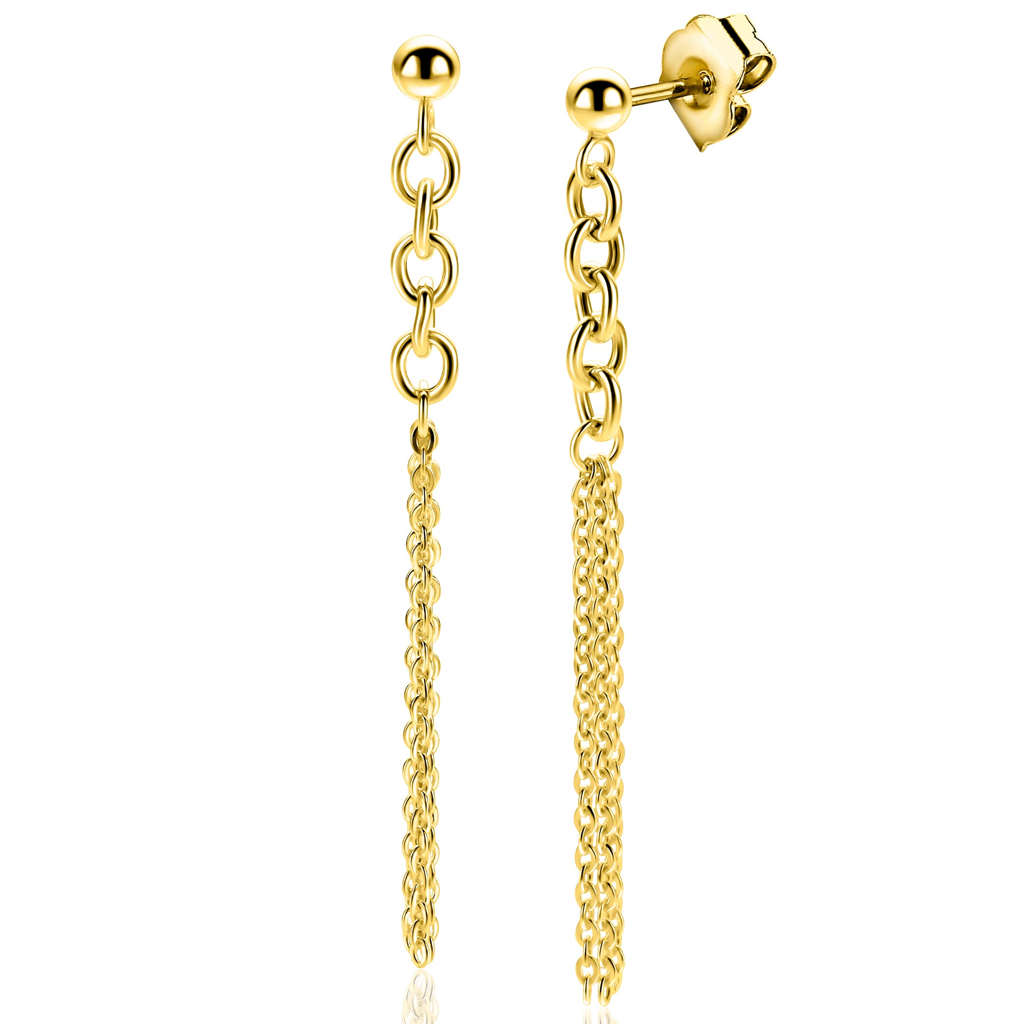 55mm ZINZI goldplated zilveren oorstekers met grove schakels en fijne kettinkjes ZIO2781G
