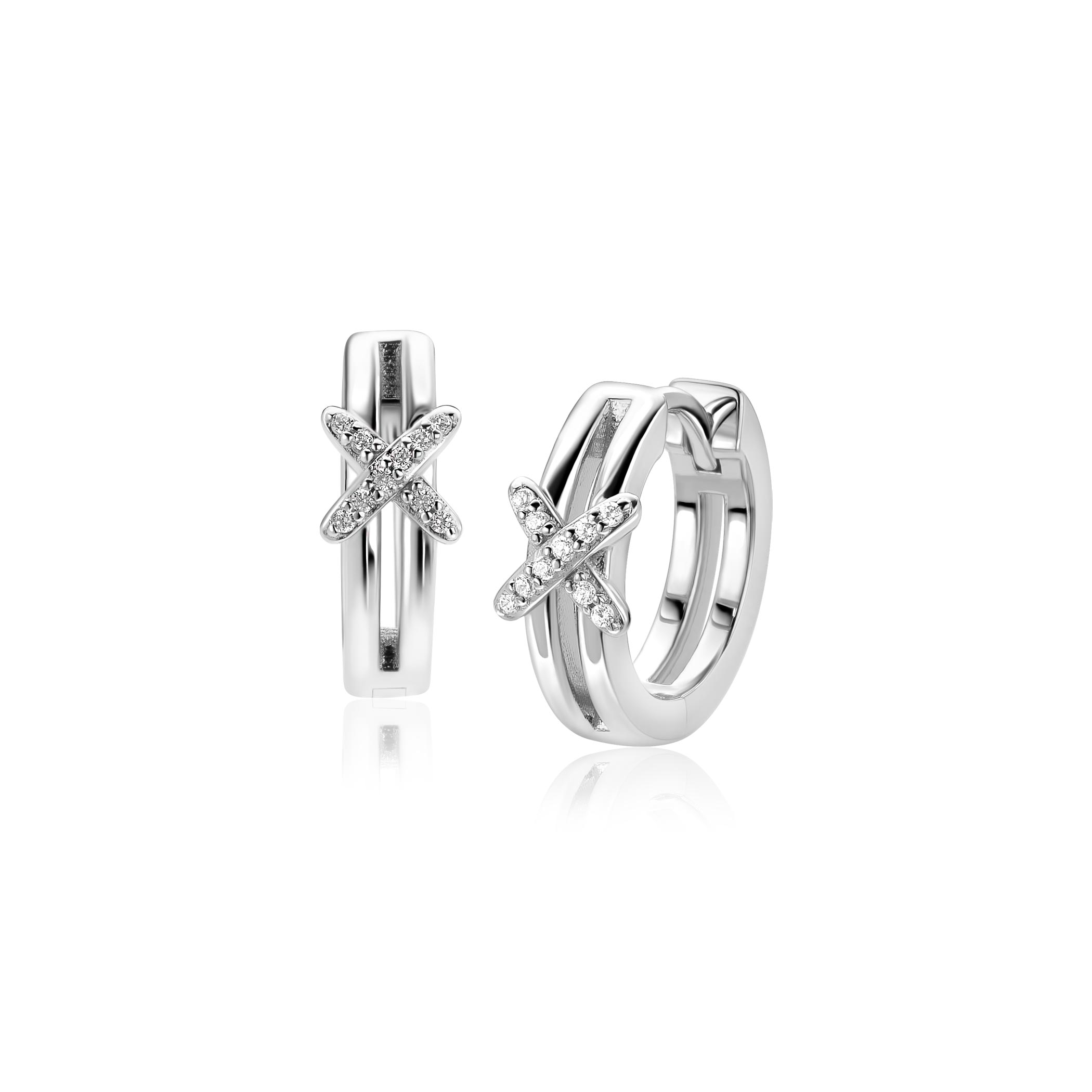 15mm ZINZI zilveren oorringen met speels X-detail bezet met witte zirkonia's ZIO2813