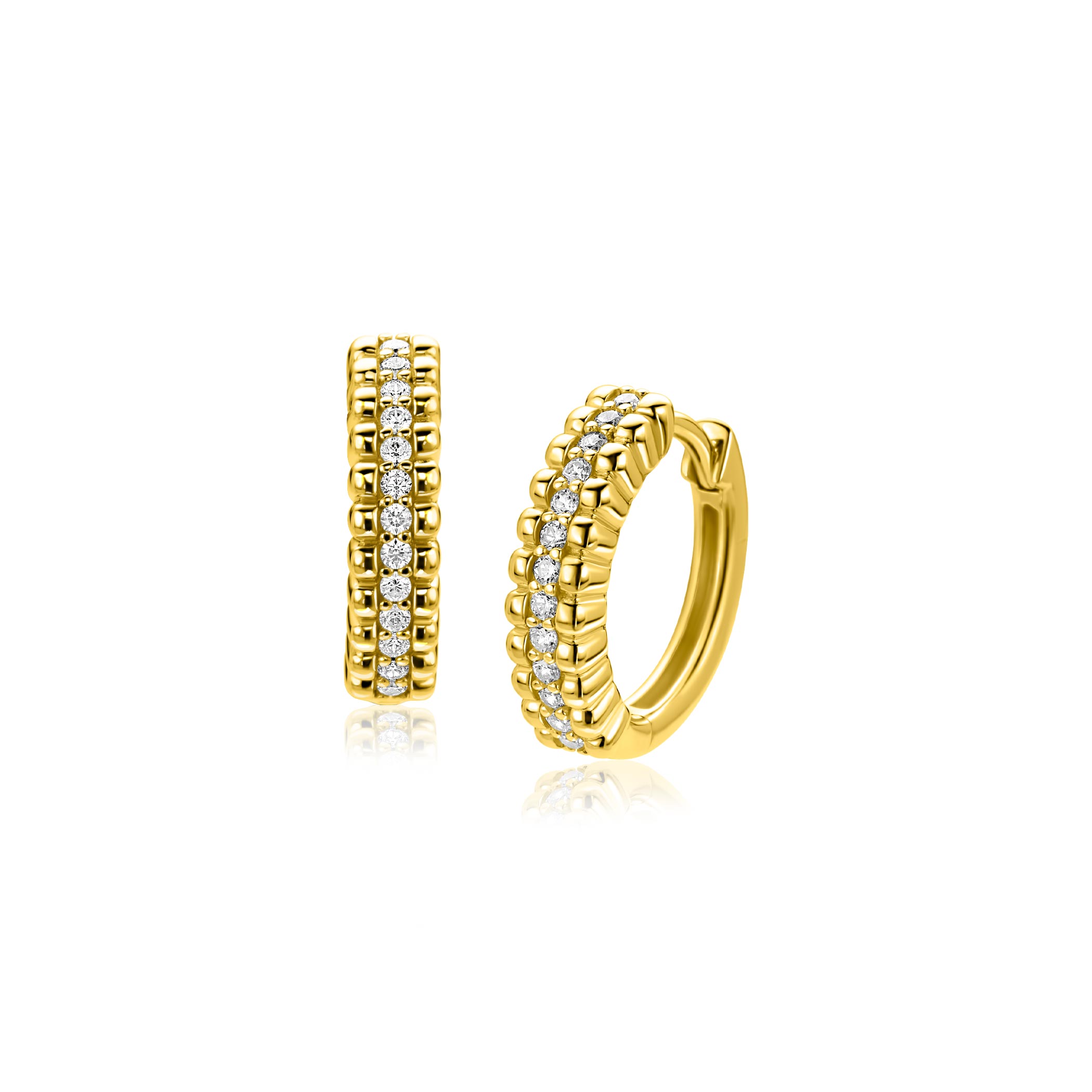 16,5mm ZINZI goldplated zilveren oorringen met speelse structuur en een rij witte zirkonia's in het midden, luxe klapsluiting ZIO2834Y