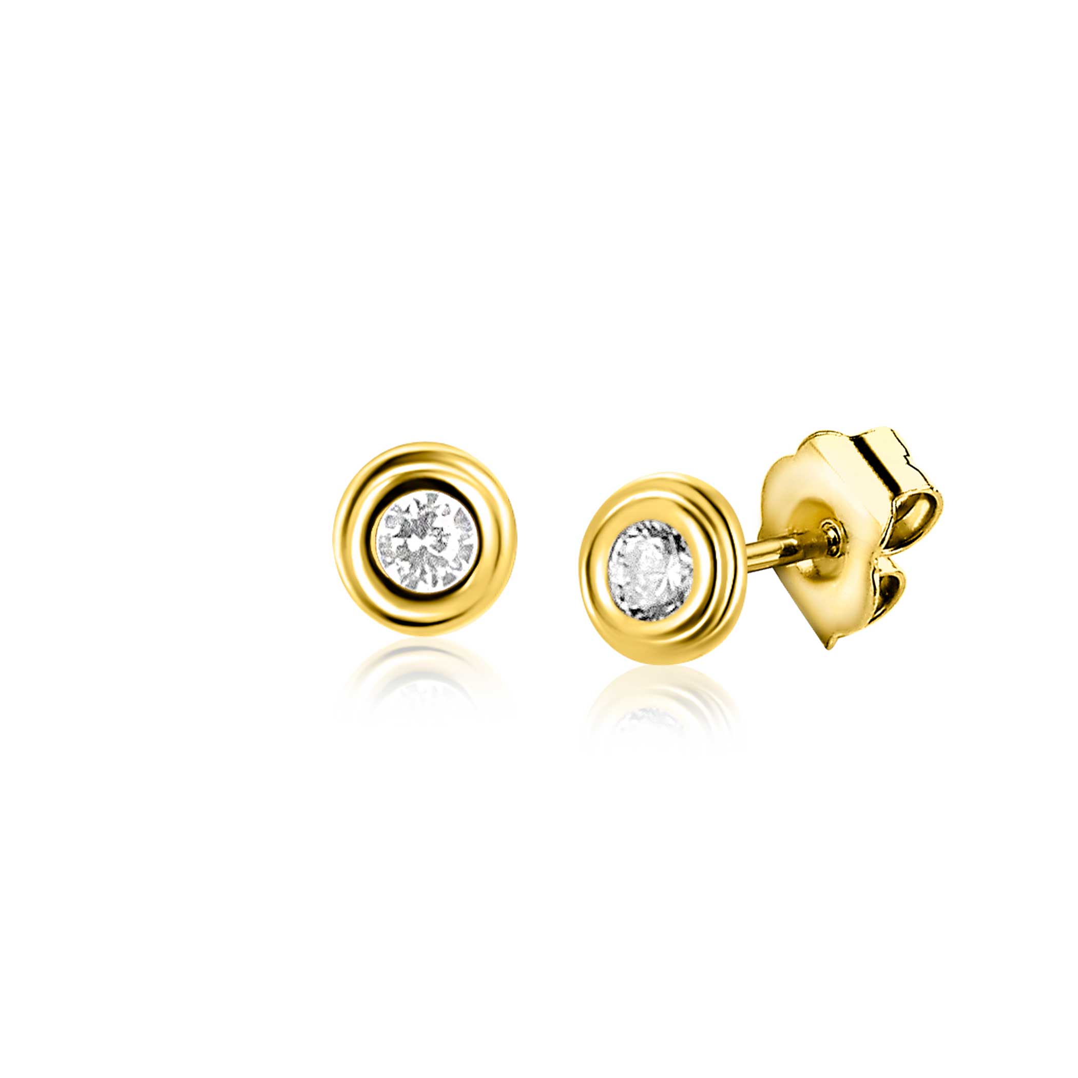 ZINZI Gold 14 krt. gouden oorstekers met ronde witte zirconia in bewerkt kastje ZGO560