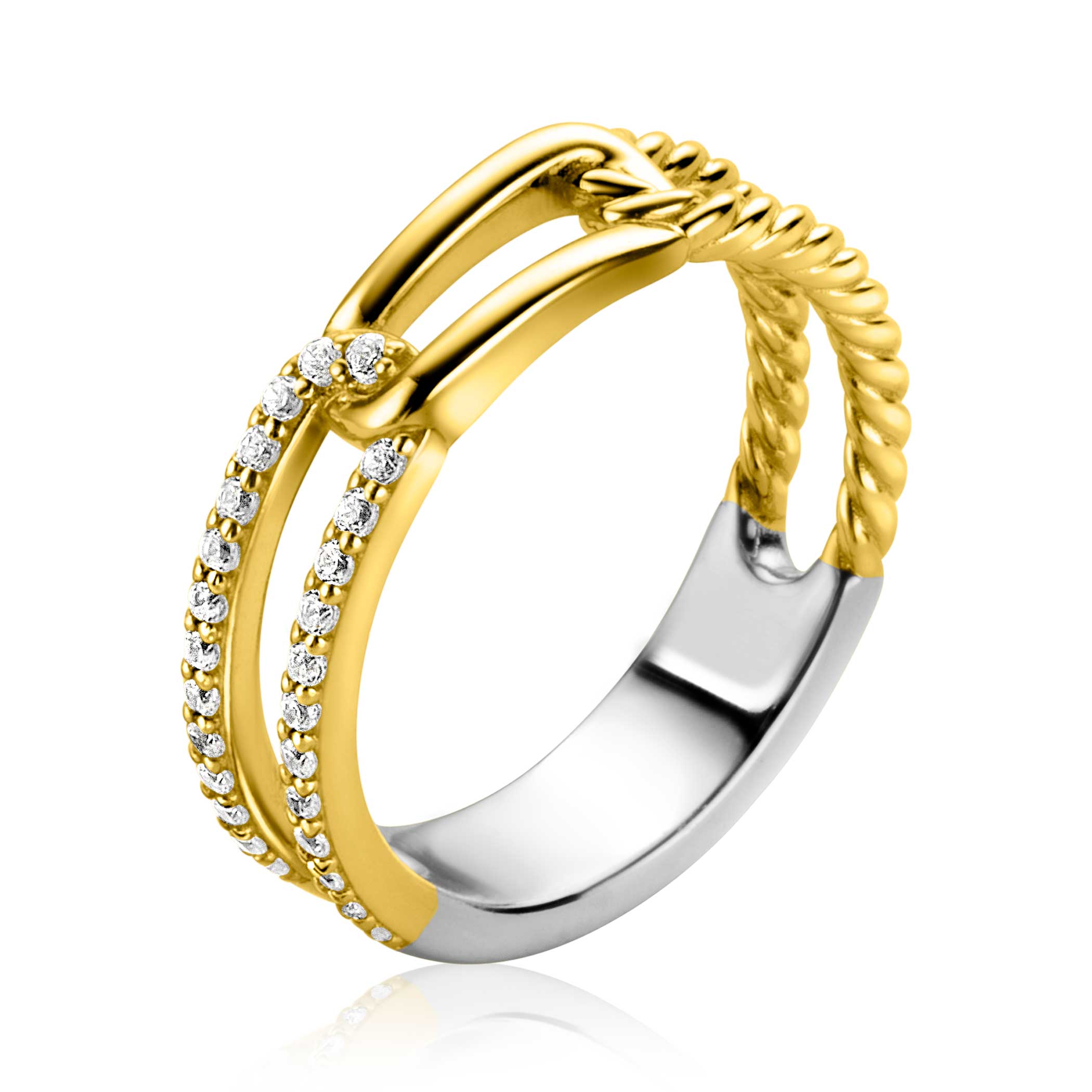 ZINZI gold plated zilveren luxe ring (5mm breed) met drie trendy paperclip-schakels aan elkaar verbonden: de gedraaide buis, gladde buis en bezet met witte zirconia's. Vervaardigd van eerste gehalte zilver (925) en voorzien van een extra 14K geel vergulding.