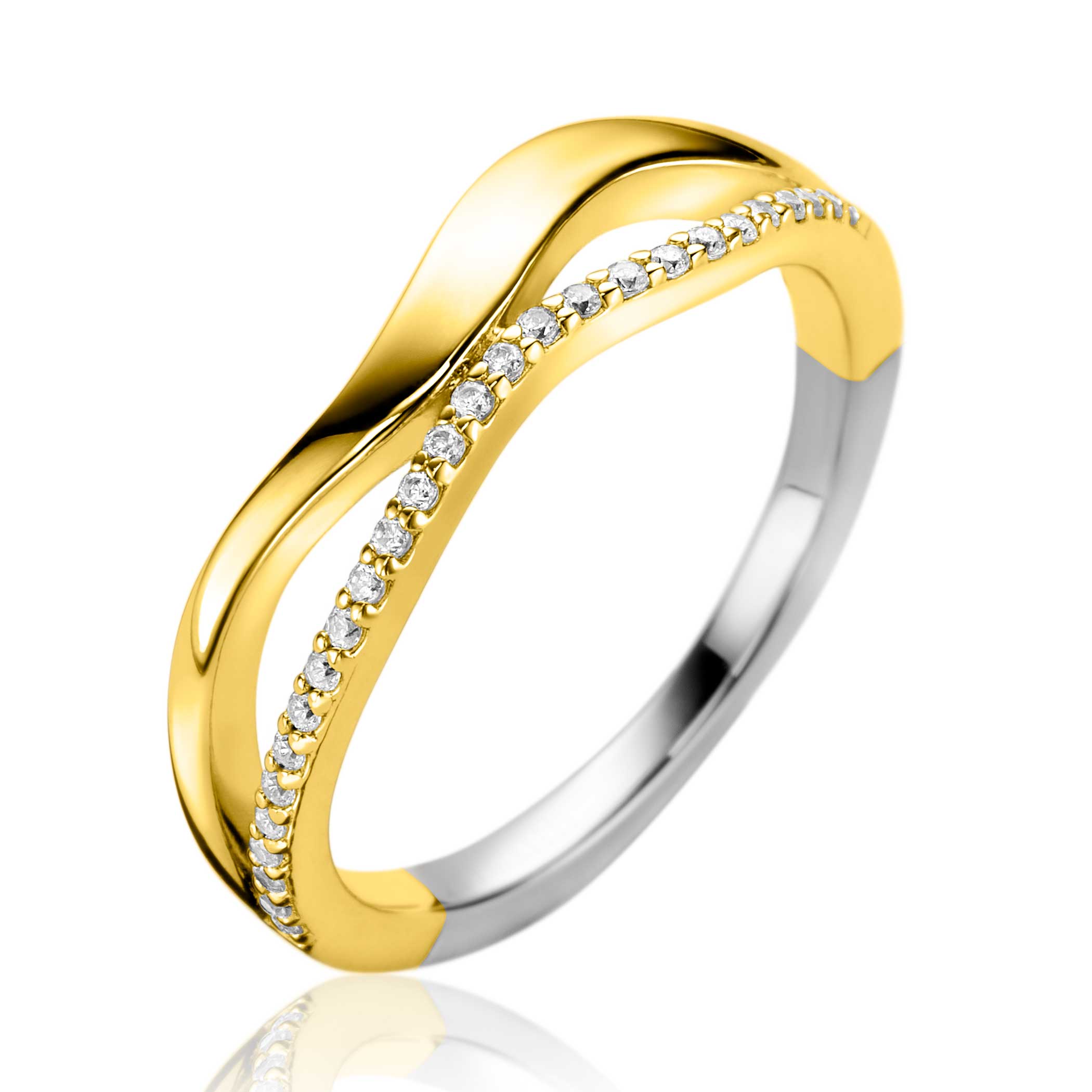 ZINZI gold plated zilveren multilook ring (6mm breed) organisch gevormd met twee golvende banen, waarvan &eacute;&eacute;n bezet met witte zirconia's ZIR2629Y