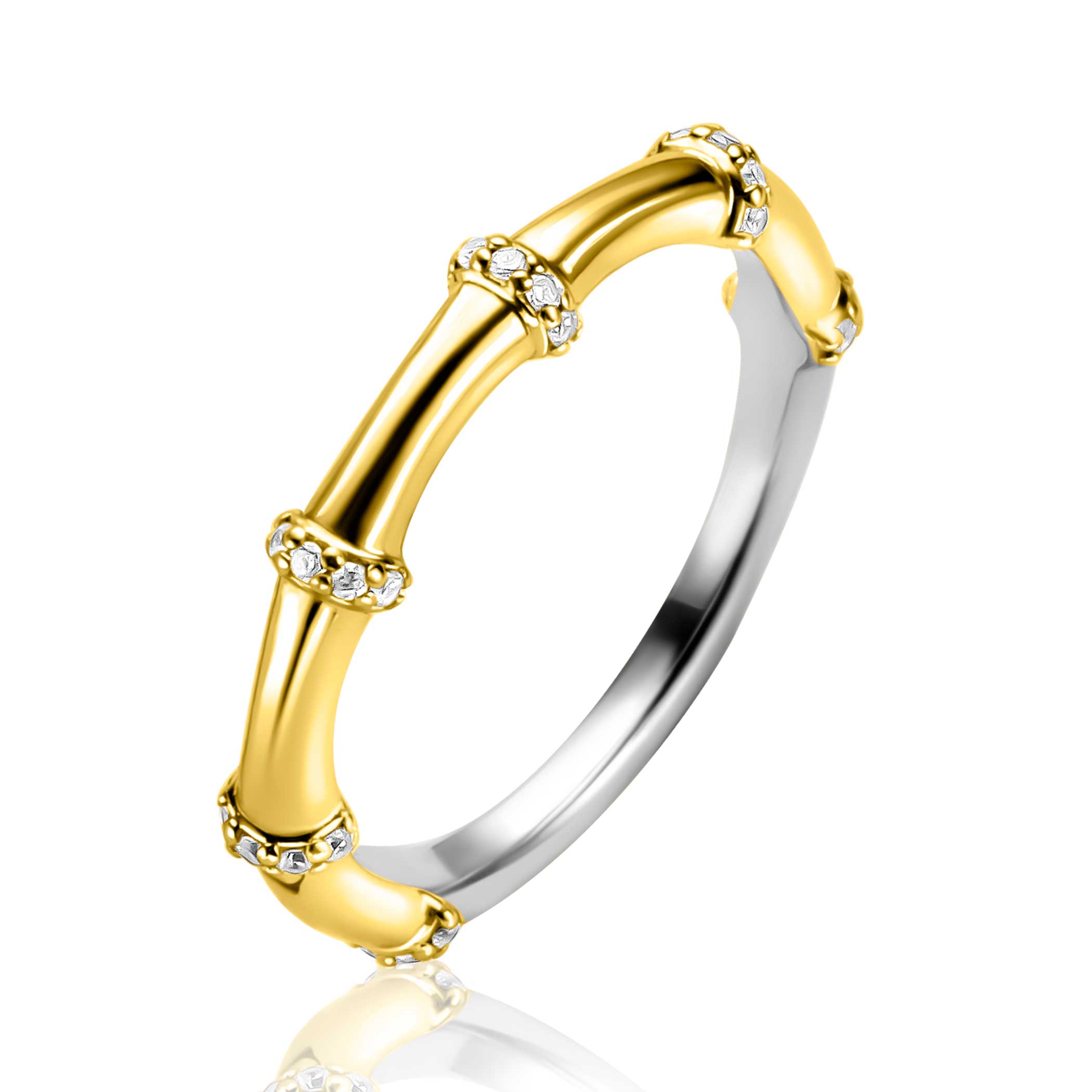 ZINZI gold plated zilveren aanschuifring (3,5mm breed) bamboo uitstraling, bezet met witte zirkonia's.
Deze ring valt onder de actie 3=2 aanschuifringen.