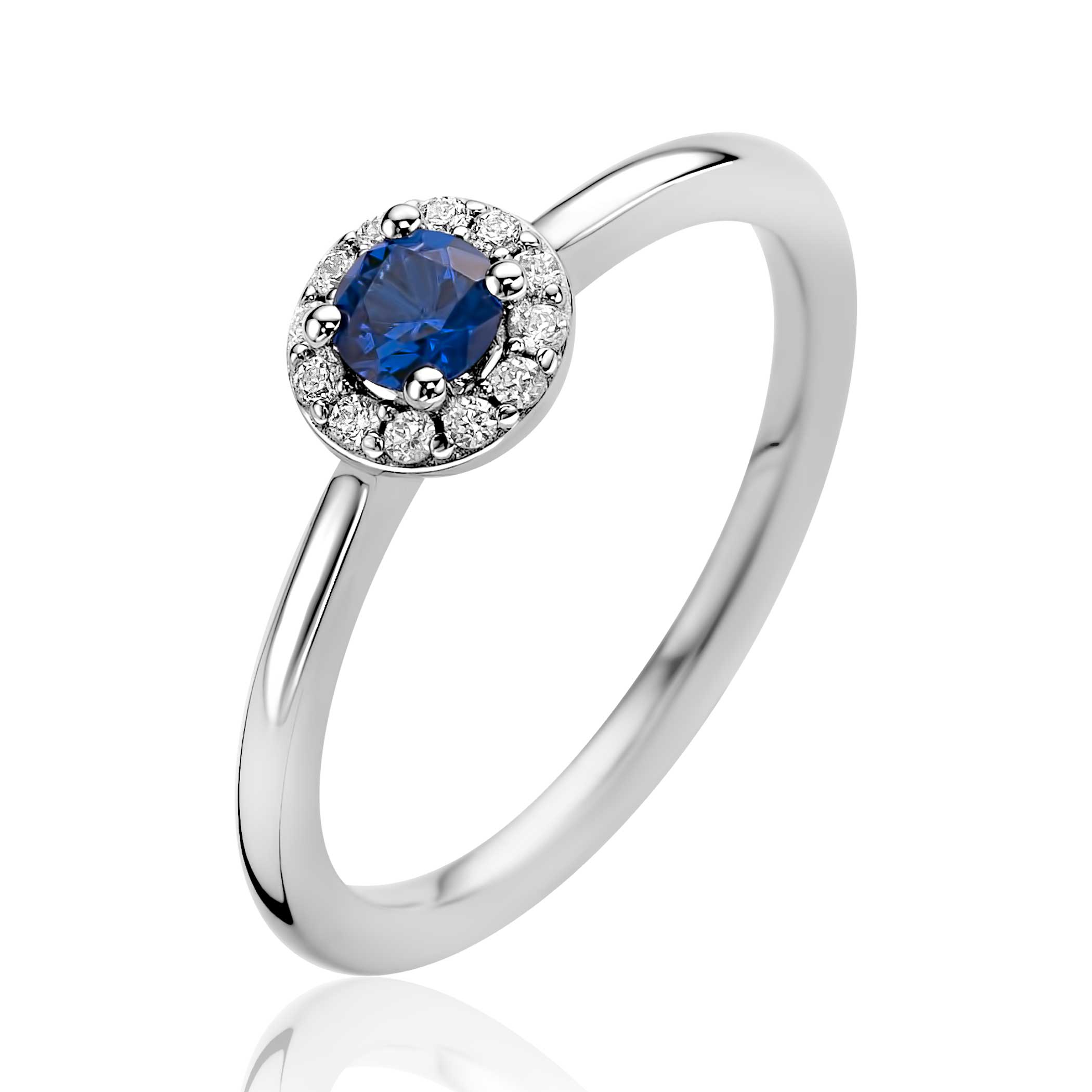 925 zilver entourage ring met blauw en wit zirkonia, ringmaat 56