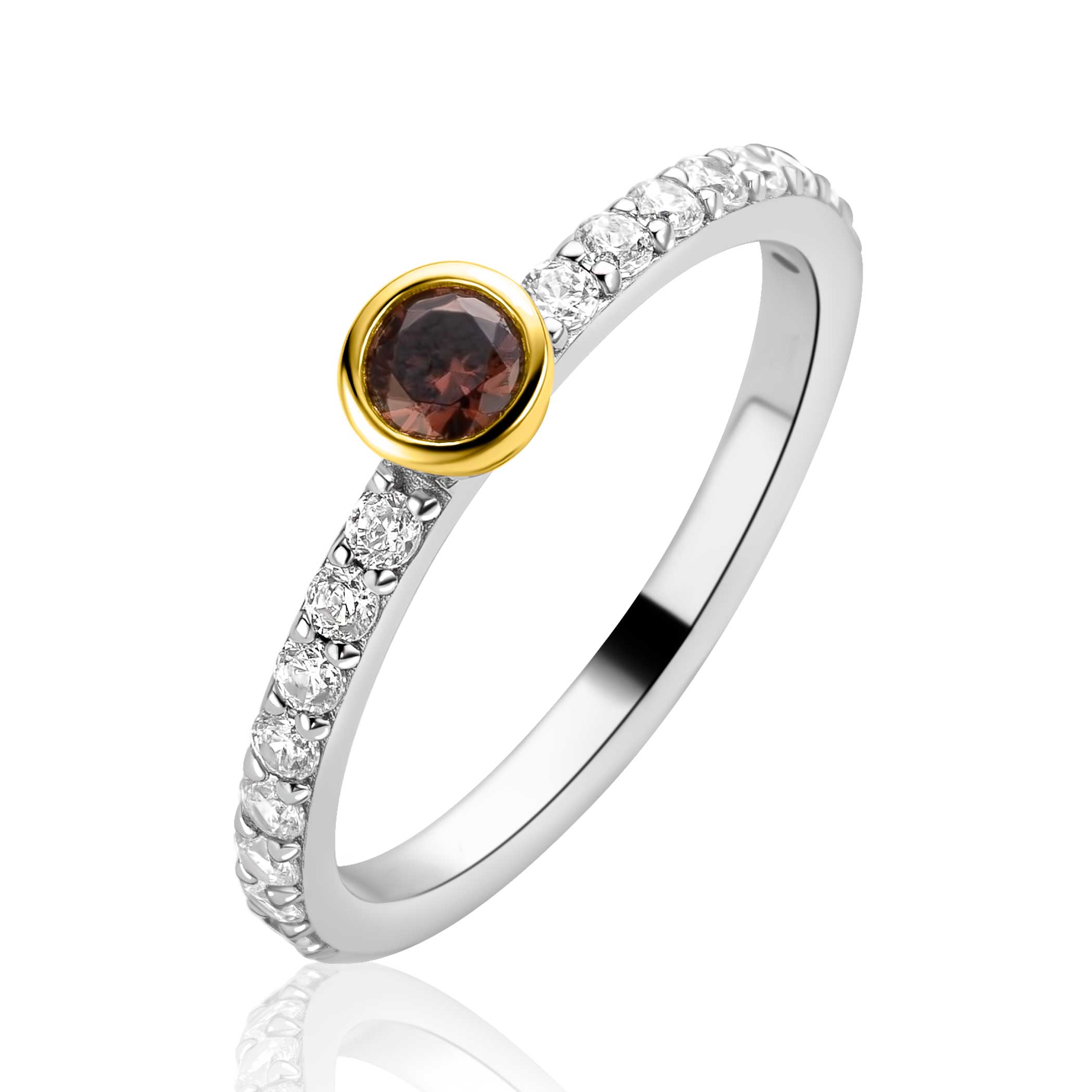 Ring zlv. aanschuif bruine steen mt.62