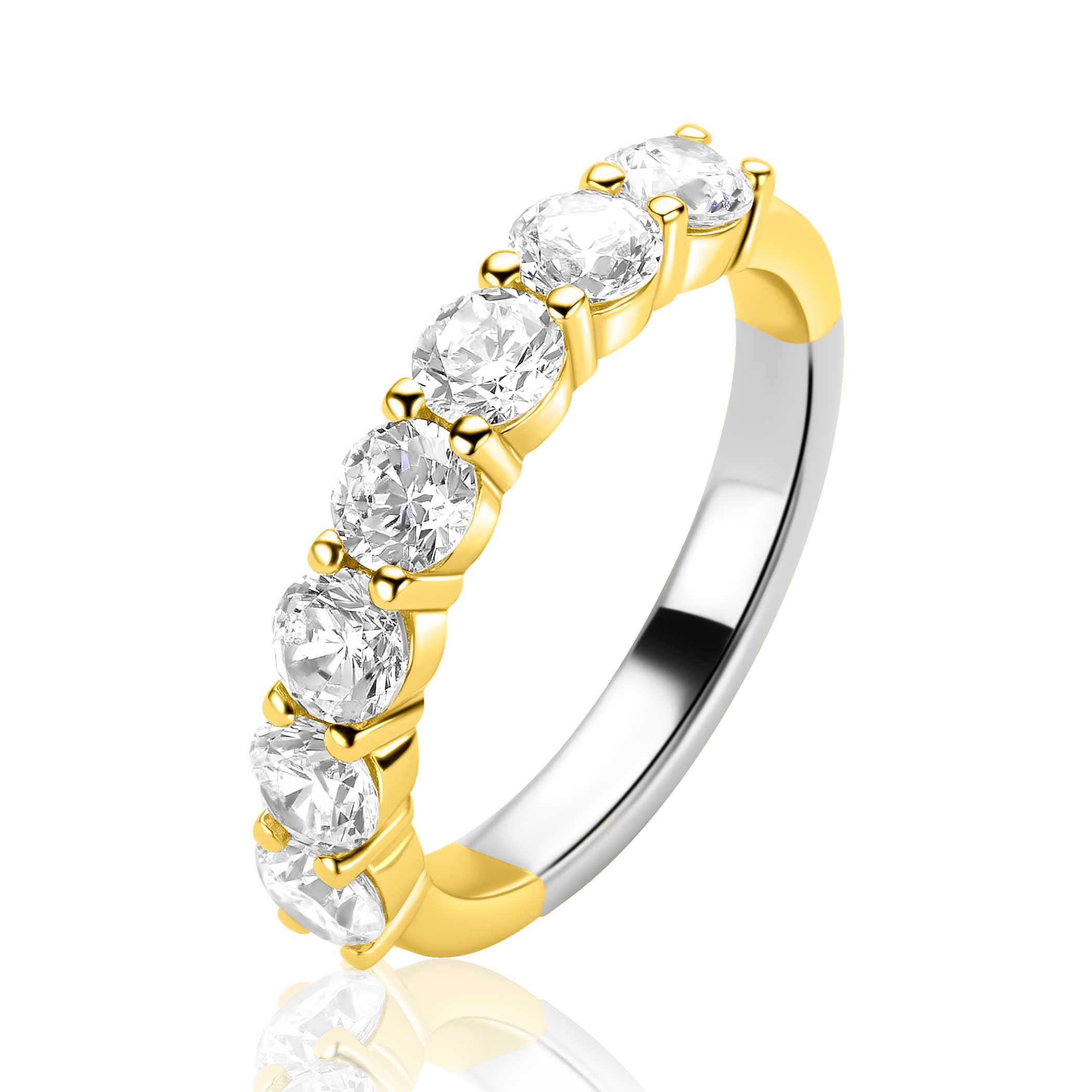 ZINZI goldplated zilveren rijring (4mm breed) bezet met 7 witte zirconia's ZIR2808