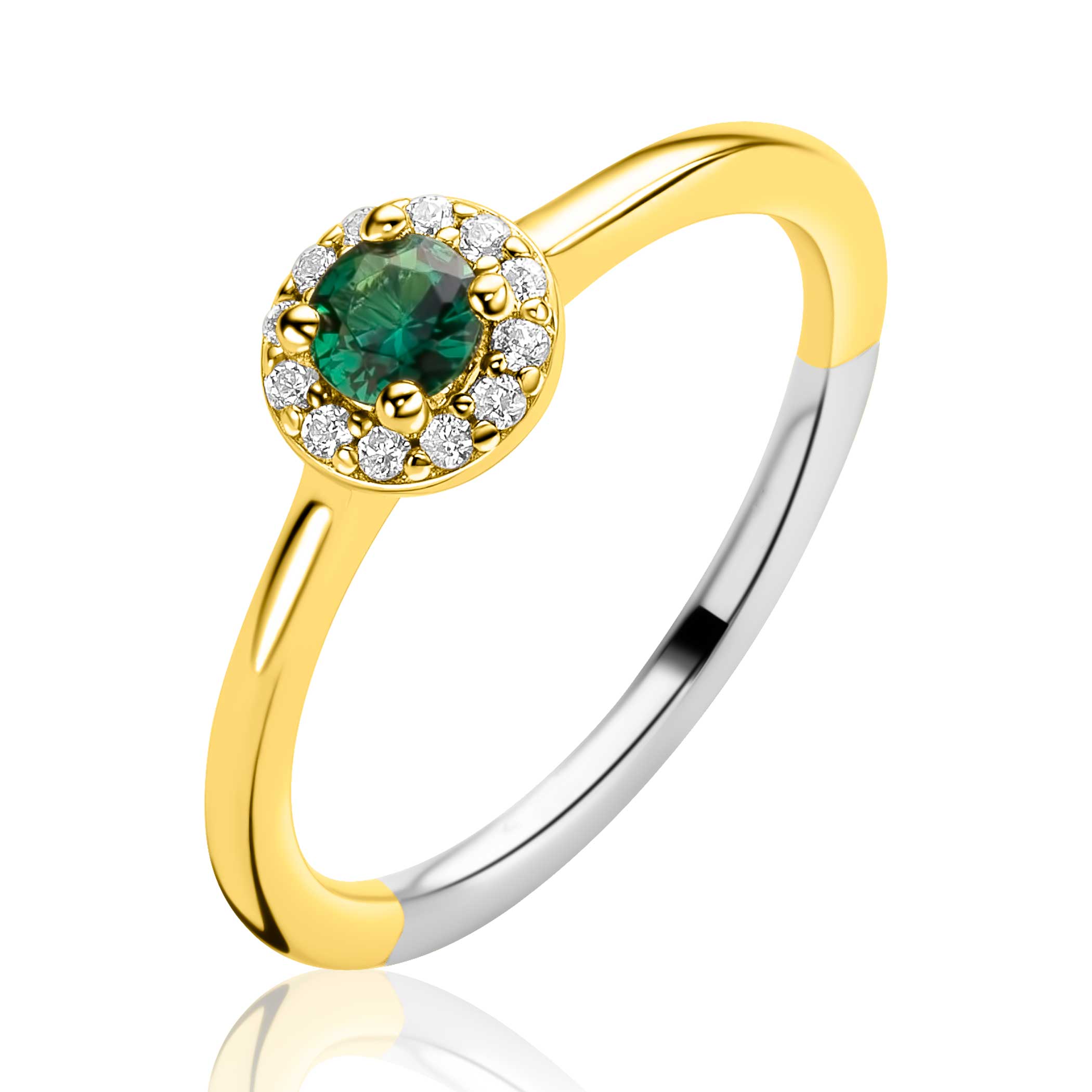 ZINZI gold plated zilveren entourage ring bezet met witte zirkonia's en smaragdgroene kleursteen ZIR2697G