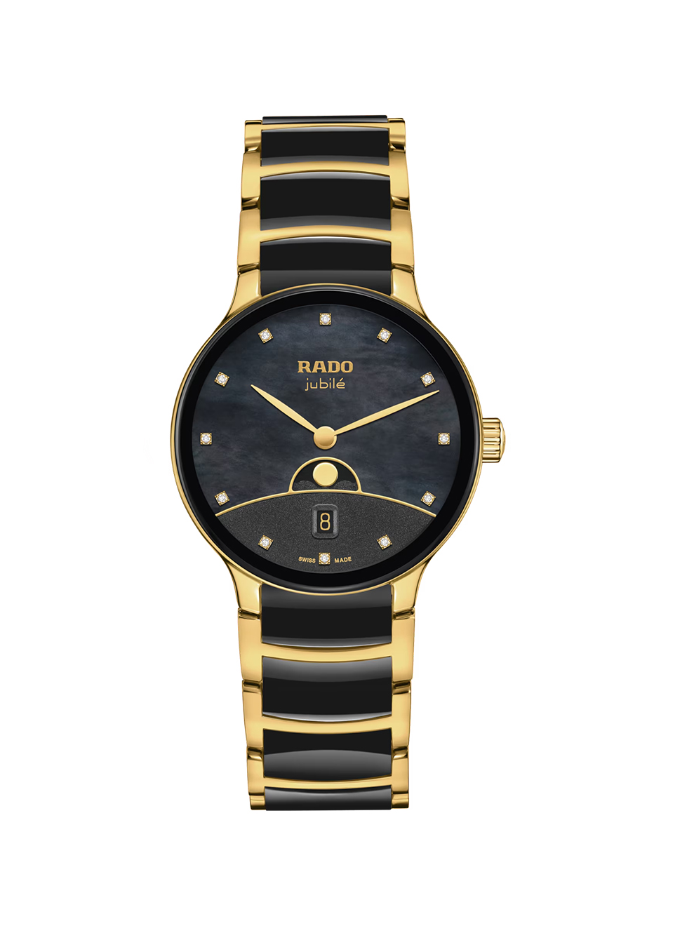 De Rado Centrix Diamonds is een elegant dameshorloge met een zwarte parelmoer wijzerplaat, diamanten accenten en een verfijnde maanstandfunctie. Dankzij high-tech keramiek, saffierglas en een betrouwbaar quartz uurwerk combineert het luxe design met duurzaamheid en comfort.
