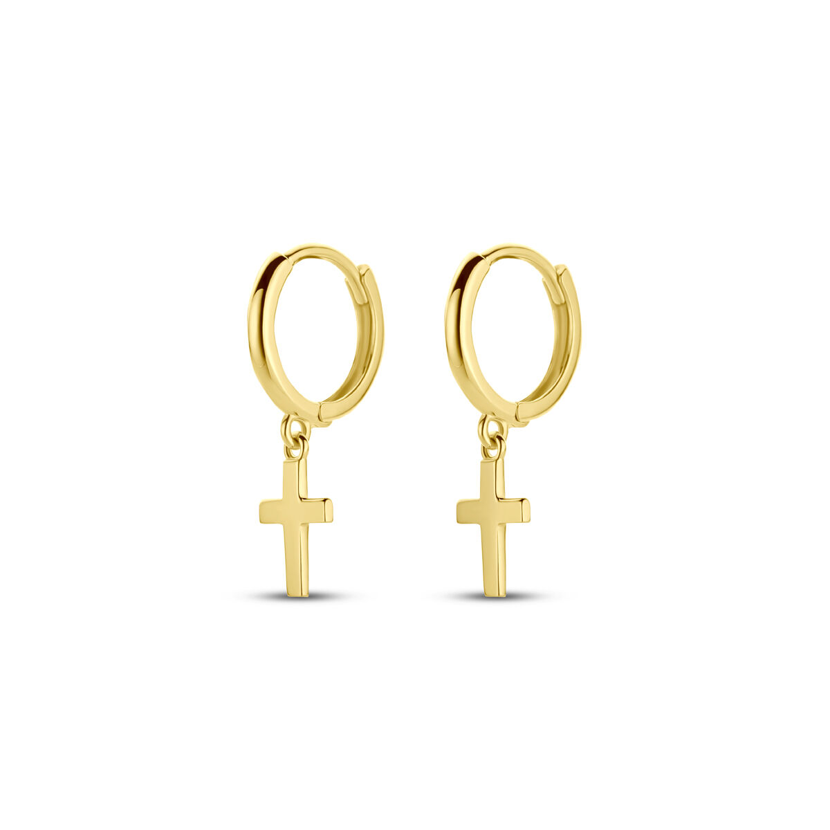 14k Geelgouden klapoorringen met een kruis. Het kruis heeft een afmeting van 9x6mm. De oorringen hebben een diameter van 11mm.