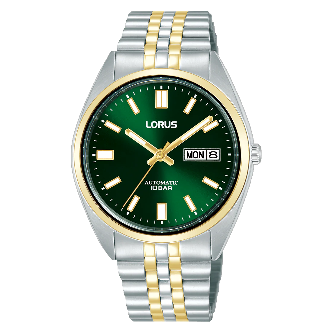 De Lorus Heren Automatische Bicolor Armband Groen 100M, modelnummer RL430CX9, combineert stijl en functie. Kenmerken zijn een stevige bicolor armband, groene wijzerplaat en waterbestendigheid tot 100 meter. Perfect voor zowel dagelijks gebruik als speciale gelegenheden. Draag het met zakelijke of casual outfits voor een verfijnde en moderne uitstraling. Ontdek de veelzijdigheid en kwaliteit van Lorus.