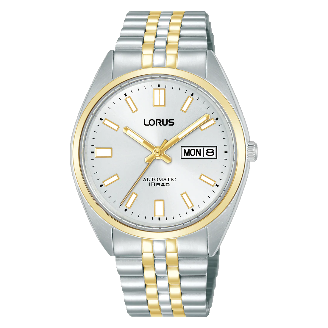 De LORUS MENS AUTO BICOLOUR BRACELET WHITE 100M, modelnummer RL432CX9, is een stijlvolle polshorloge vervaardigd van roestvrij staal. Het heeft een goud-zilverkleurige armband en een datumfunctie. Met een kastgrootte van 39 mm is het een elegante keuze. Draag hem voor zowel formele als informele gelegenheden voor een verfijnde uitstraling.