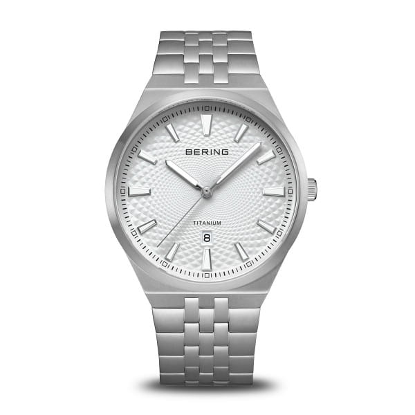 Bering heren horloge Titanium grijs geborsteld
geometrische structuur witte wijzerplaat