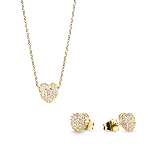  Deze elegante set van ketting en oorstekers ademt warmte en verfijning. De hartvormige hangers zijn bezet met heldere pav&eacute;-zirkonia&rsquo;s die fonkelen als zonlicht op Arctisch ijs. Het goudkleurige roestvrij staal versterkt hun schittering op stijlvolle wijze.  De zachte rondingen van het hart combineren moderne vrouwelijkheid met een klassieke uitstraling. Een betekenisvol sieraad &ndash; om te geven of zelf te dragen.  Gemaakt van gepolijst roestvrij staal met een gouden afwerking. Versierd met fonkelende pav&eacute;-zirkonia. Onderdeel van de Arctic Symphony collectie van BERING &ndash; ge&iuml;nspireerd door de stille pracht van het Noordpoolgebied. 