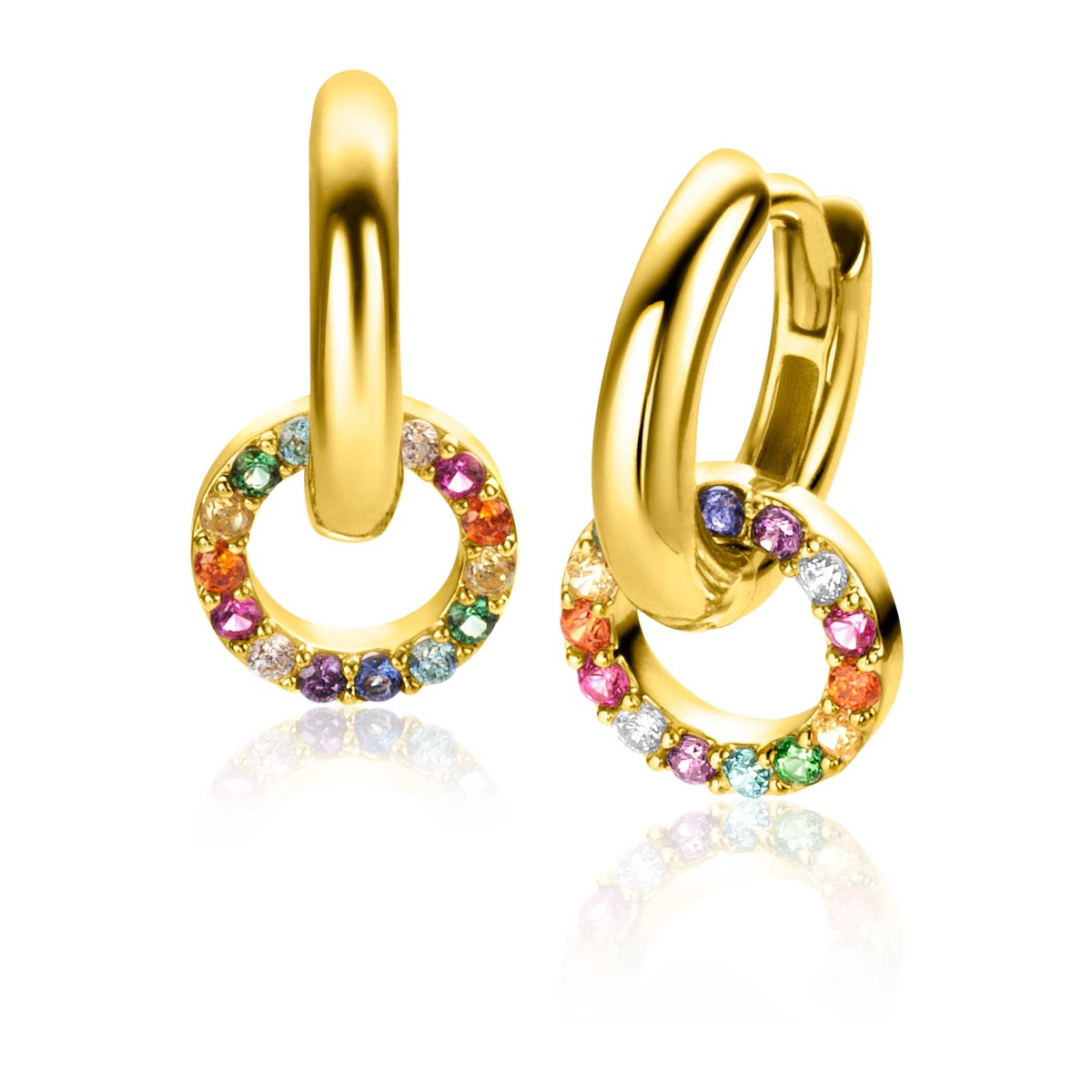 ZINZI gold plated zilveren oorbedels in ronde vorm 8mm, bezet met een regenboog aan kleurstenen. Deze schitterende oorbedels geven elke outfit kleur! Hang deze oorbedels sierlijk aan je zilveren ZINZI oorringen. De oorringen zijn niet bij de prijs inbegrepen. Ook verkrijgbaar in zilver. Vervaardigd van eerste gehalte zilver (925) en extra 14K geel verguld.