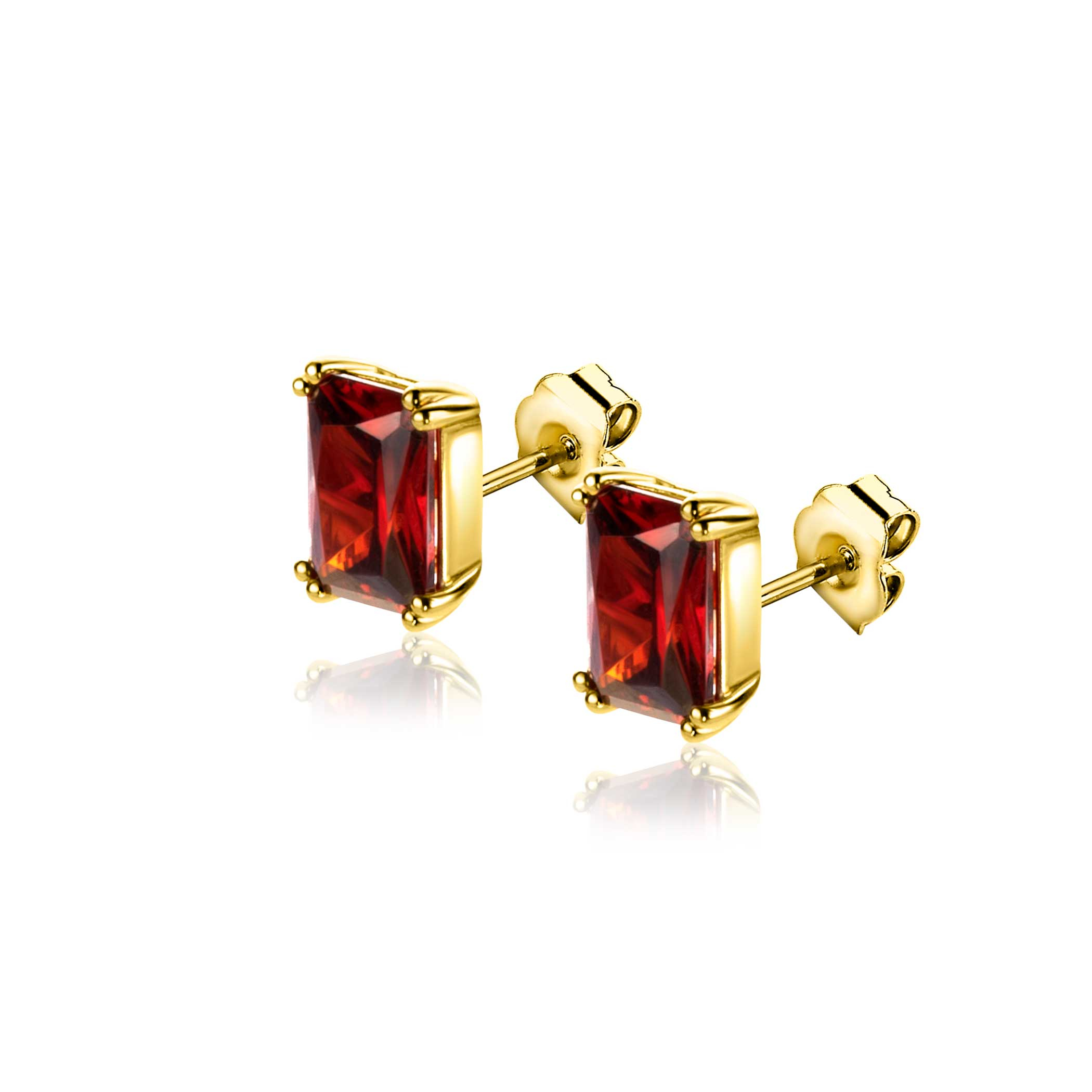 ZINZI gold plated zilveren oorknoppen met een rechthoekige rood granaat kleursteen in vierpoots-zetting. De oorknoppen zijn 9mm lang. Vervaardigd van eerste gehalte zilver (925) en voorzien van een extra geel vergulding.