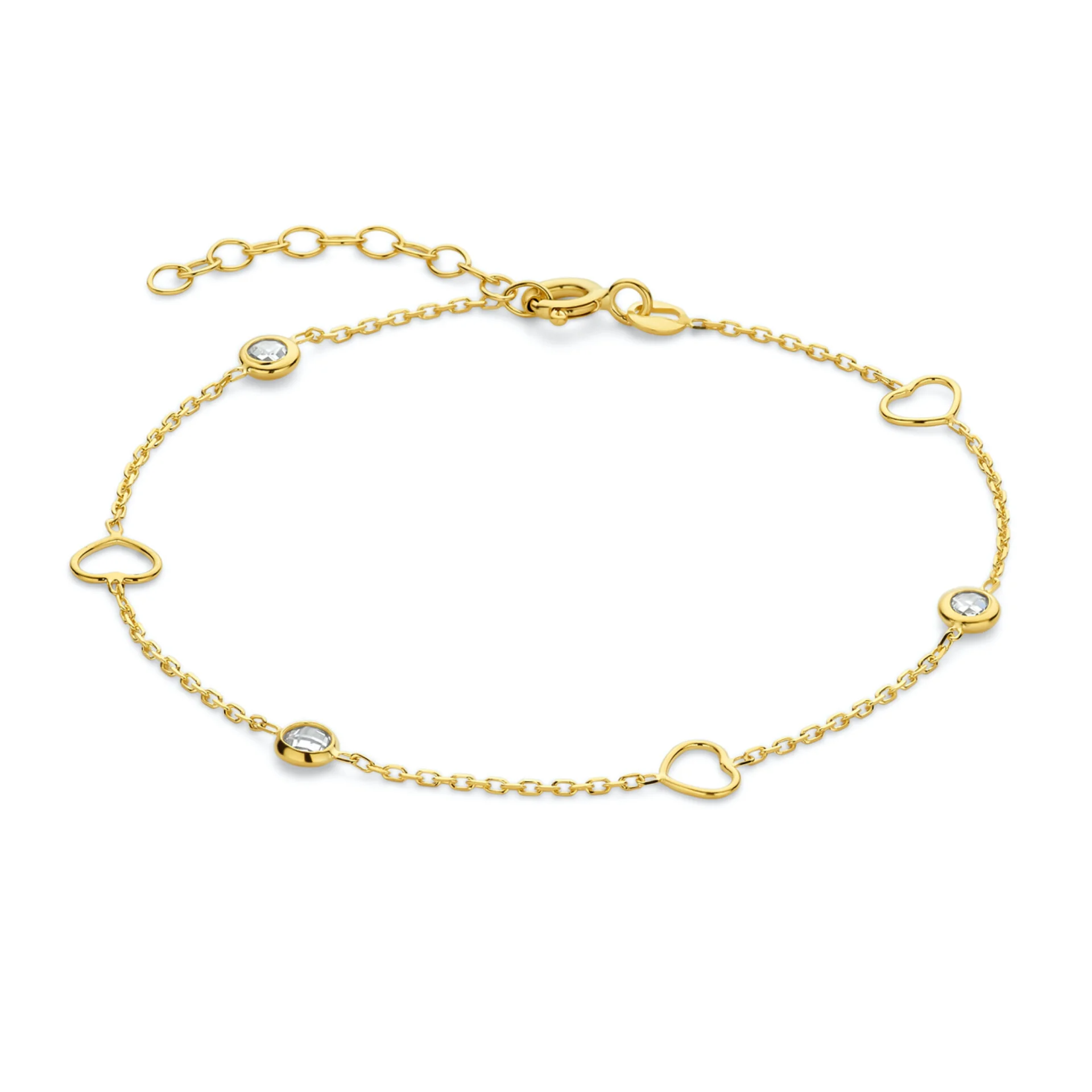 Dit prachtige armbandje is gedetailleerd met schitterende hartjes en zirkonia steentjes, gemaakt van 14 karaats goud. Het armbandje is perfect voor dagelijks gebruik of voor speciale gelegenheden. Draag hem alleen voor een subtiele touch of combineer met andere armbanden voor een trendy look. De armband is verstelbaar en past om elke pols. Perfect voor je eigen sieradencollectie of om cadeau te geven.