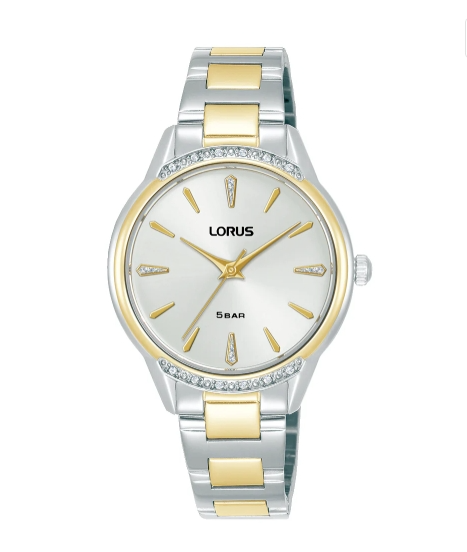 De LORUS dameshorloge RG256YX9 heeft een stijlvolle bicolor armband in goud en zilver, zonder datumaanduiding. De horlogekast van 31 mm is gemaakt van roestvrij staal. Draag het tijdens formele gelegenheden of als een elegant dagelijks accessoire. Combineer met andere sieraden voor een verfijnde look.