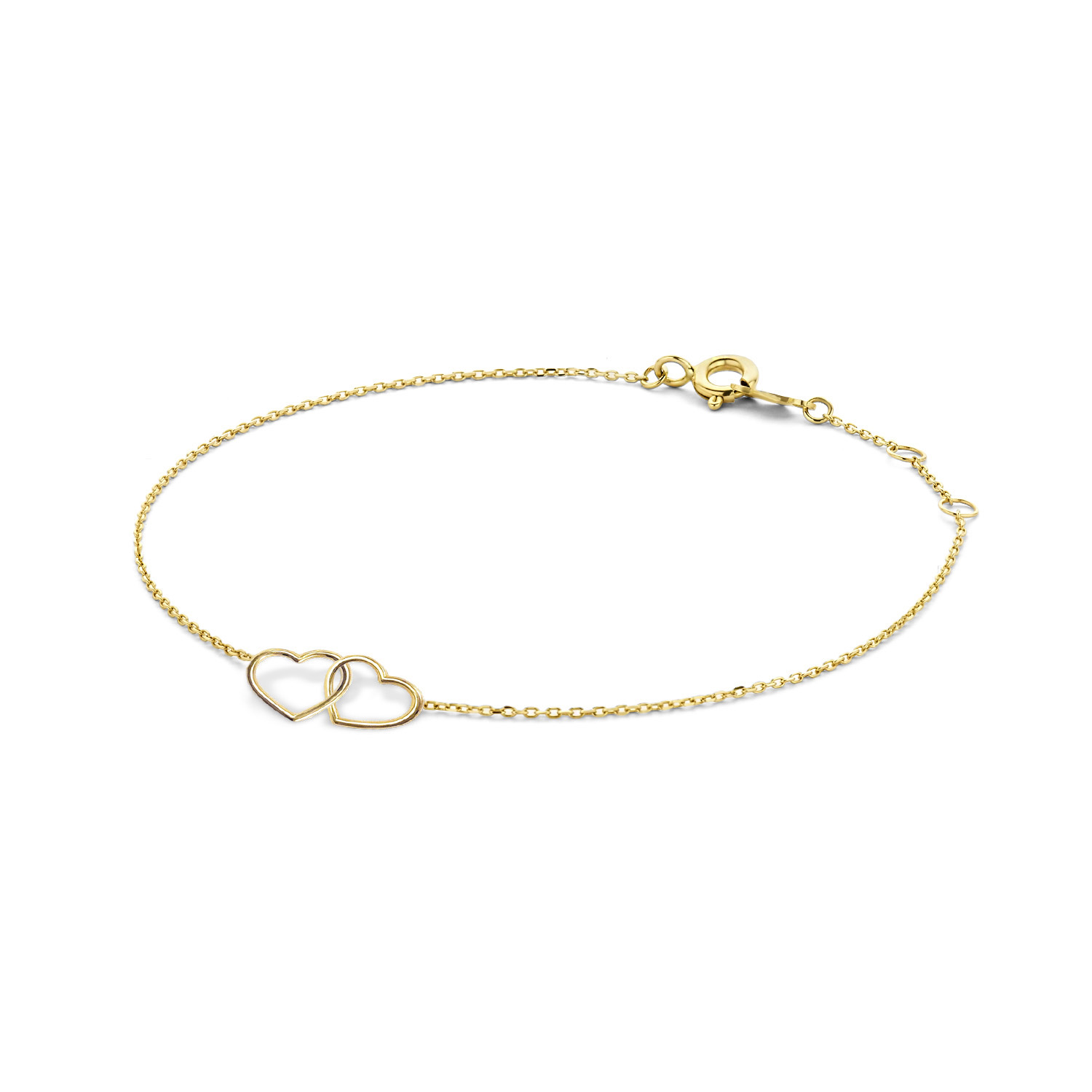 Jackie Double Heart Bracelet  
Love is in the air met deze 14K gouden Double Heart Bracelet! Heb je de bijpassende ketting al gezien? Combineer ze met elkaar voor een trendy look!

Deze sierlijke fijne schakelarmband met 2 in elkaar geweven harten is een mooi sieraad om te dragen of kado te doen.
Speciaal voor degene die je zeer aan het hart ligt. Je moeder verwennen met dit mooie kado voor moederdag zal zij altijd waarderen.
Deze armband heeft een plekje in Jackie&rsquo;s hart veroverd. Ontdek nu de nieuwe 14 karaat gouden sieradencollectie.

Specificaties
- Armband
- Materiaal: 14 Karaat - Geelgoud - 585
- Lengte verstelbaar: 16 - 17 - 18cm
- Artikelnummer: JKB23.049