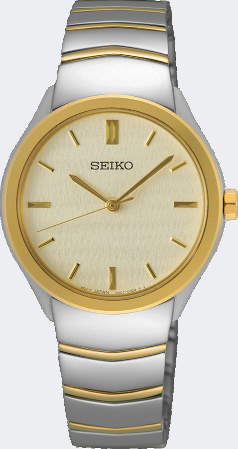 Dit is een dameshorloge van het merk Seiko. Het is een analoog horloge gemaakt van staal. De diameter van de kast is 30 mm en de kast is 7 mm dik.
De verdere specificaties van het horloge zijn als volgt:
Kastvorm: rond
Kastkleur: tweekleurig
Kastmateriaal: staal
Bandbreedte: 7.6 mm
Bandlengte: 220 mm
Sluiting: vouwsluiting met drukker
Wijzerplaatkleur: champagne
Glassoort: hardlex mineraal glas
Waterdichtheid: 5 ATM
Techniek: quartz