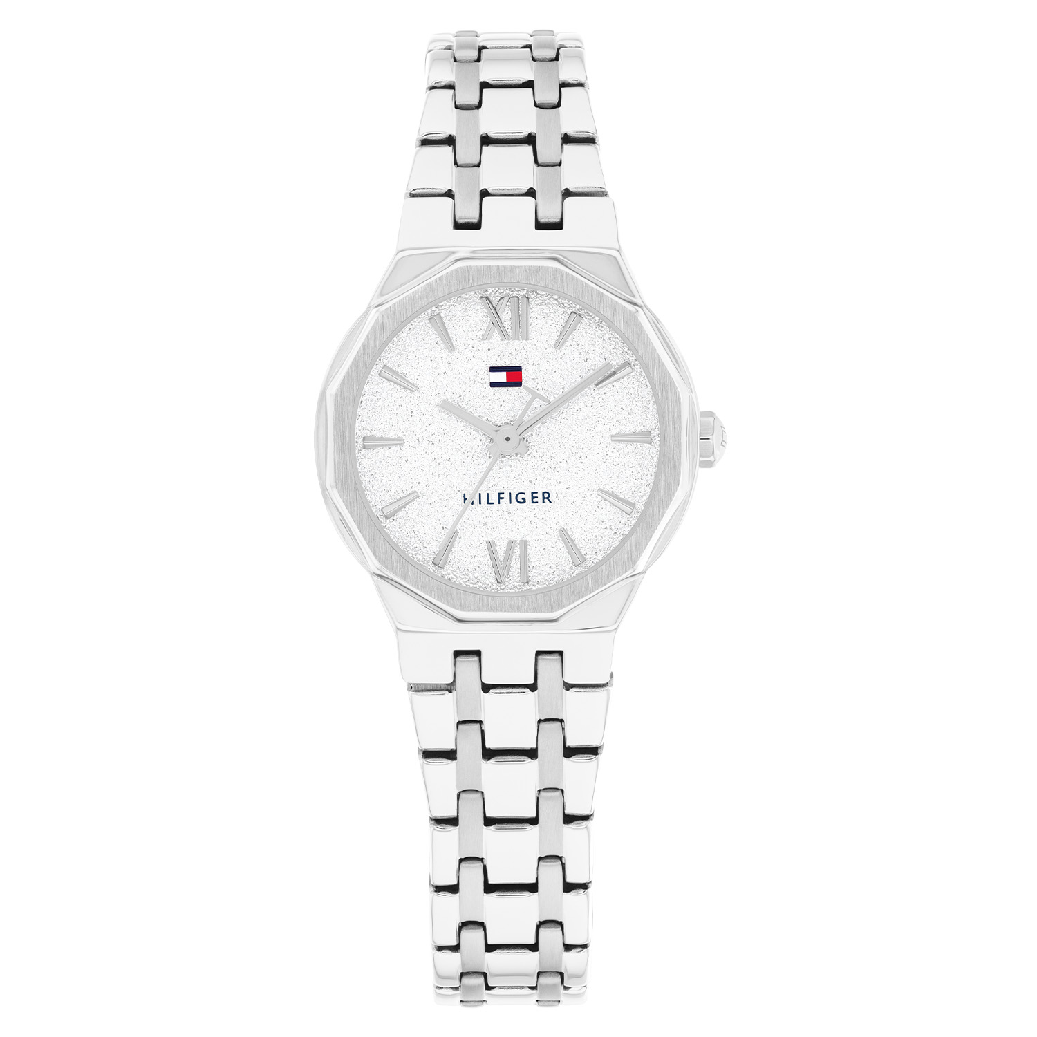 De Tommy Hilfiger Dames Horloge 1782889 heeft een stijlvolle zilverkleurige ronde kast van roestvrij staal en een bijpassende zilverkleurige wijzerplaat. Voorzien van quartz uurwerk en analoge weergave. De 25 mm kast van mineraalglas is waterbestendig tot 3 ATM. Perfect voor dagelijks gebruik, gecombineerd met casual of zakelijke outfits, dankzij de elegante roestvrijstalen band van 14 mm.