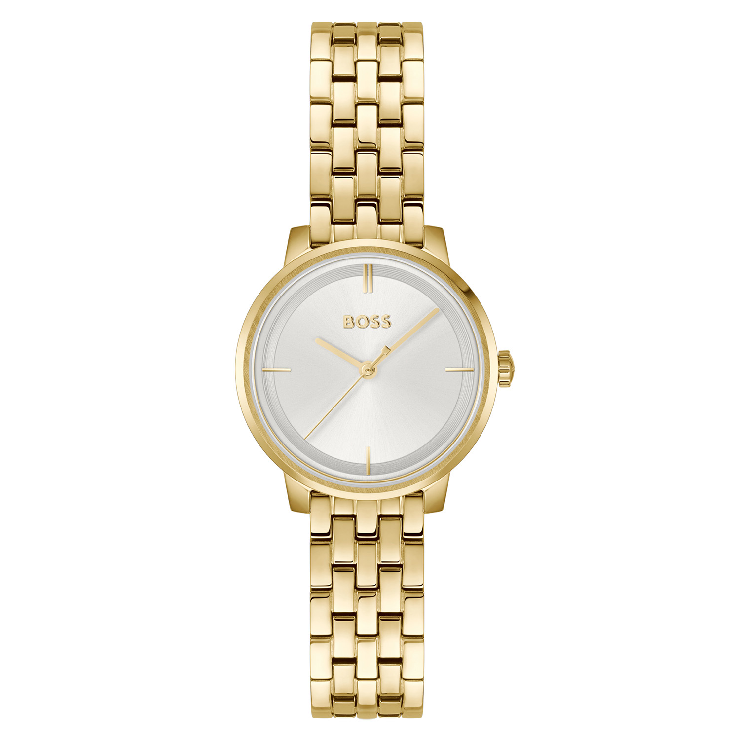 BOSS HB1502835 LUCIA Dameshorloge 28mm
Dit BOSS horloge uit de LUCIA serie met artikelnr: HB1502835 heeft een nette uitstraling. Geef jouw moderne, klassieke business een boost met dit trendy, minimalistische horloge. Een verfijnd model, ontworpen om indruk te maken. Dit dameshorloge valt op door zijn stalen strakke goudkleurige horlogekast met een zilverwitte sunray wijzerplaat met gepolijste index en wijzers. Opvallend is het goudkleurige Boss logo. Aan de kast zit een goudkleurige schakelband met een vouwsluiting. Het horloge heeft een doorsnee van 28mm met een mineraalglas en is 3ATM. 

HET MERK:
HUGO BOSS is afgestemd op levensstijlen waar het gaat om kwaliteit en precisie. Het wereldwijde fashionlabel is verdeeld in twee merken: BOSS en HUGO. Het merk BOSS biedt geavanceerde, moderne horloges gericht op kwaliteit en design om een onberispelijke look te cre&euml;ren &ndash; of het nu zakelijk, casual of sportief is. De horloge collectie van BOSS is perfect afgestemd op levensstijlen waar het gaat om kwaliteit en precisie. BOSS is op maat gemaakt in een onberispelijke stijl.

Blijf stijlvol bij de tijd. Voor de BOSS-vrouw is stijl het handelsmerk en draait alles om
details. Breng uw look naar een hoger niveau met onze nieuwe en kenmerkende horlogecollectie.

SPECIFICATIES:
- Mineraalglas
- Ronde kastvorm, 28mm
- Stalen goudkleurige horlogekast
- Zilverwitte wijzerplaat
- Stalen schakelband
- 3ATM