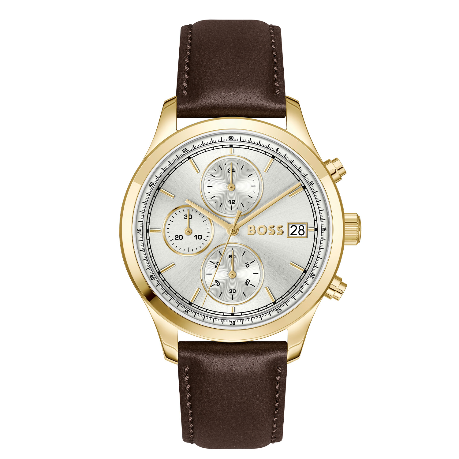 BOSS HB1514327 STRATUS 41mm
Dit BOSS horloge uit de STRATUS serie met artikelnr: HB1514327 heeft een klassieke uitstraling. Het gaat niet alleen om de tijd, maar ook om elk moment te grijpen en er je eigen draai aan te geven. Wees je eigen baas, bepaal je eigen tempo en ga ervoor. Het herenhorloge valt op door zijn stalen goudkleurige horlogekast met een zilverwitte sunray wijzerplaat met een chronograaf en een datum. Aan de kast zit een bruine lerenband met een gespsluiting. Het horloge heeft een doorsnee van 41mm, een mineraalglas en is 5ATM. 

HET MERK:
HUGO BOSS is afgestemd op levensstijlen waar het gaat om kwaliteit en precisie. Het wereldwijde fashionlabel is verdeeld in twee merken: BOSS en HUGO. Het merk BOSS biedt geavanceerde, moderne horloges gericht op kwaliteit en design om een onberispelijke look te cre&euml;ren &ndash; of het nu zakelijk, casual of sportief is. De horloge collectie van BOSS is perfect afgestemd op levensstijlen waar het gaat om kwaliteit en precisie. BOSS is op maat gemaakt in een onberispelijke stijl.

SPECIFICATIES:
- Mineraalglas
- Ronde kastvorm, 41mm
- Stalen goudkleurige horlogekast
- Zilverwitte wijzerplaat
- Bruine lerenband
- Datum/ chronograaf
- 5ATM