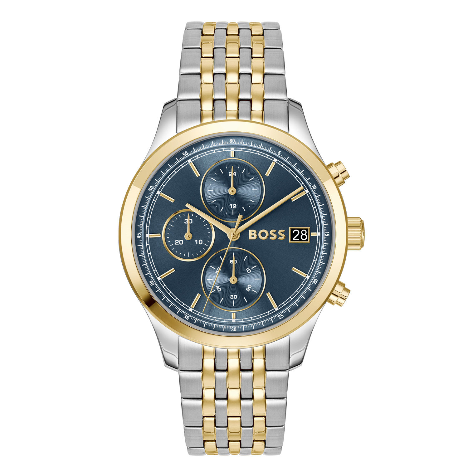 BOSS HB1514329 STRATUS 41mm
Dit BOSS horloge uit de STRATUS serie met artikelnr: HB1514329 heeft een nette uitstraling. Het gaat niet alleen om de tijd, maar ook om elk moment te grijpen en er je eigen draai aan te geven. Wees je eigen baas, bepaal je eigen tempo en ga ervoor. Het herenhorloge valt op door zijn stalen horlogekast met een goudkleurige bezel, blauwe sunray wijzerplaat met een chronograaf en een datum. Aan de kast zit een stalen bicolor schakelband met een vouwsluiting. Het horloge heeft een doorsnee van 41mm, een mineraalglas en is 5ATM. 

HET MERK:
HUGO BOSS is afgestemd op levensstijlen waar het gaat om kwaliteit en precisie. Het wereldwijde fashionlabel is verdeeld in twee merken: BOSS en HUGO. Het merk BOSS biedt geavanceerde, moderne horloges gericht op kwaliteit en design om een onberispelijke look te cre&euml;ren &ndash; of het nu zakelijk, casual of sportief is. De horloge collectie van BOSS is perfect afgestemd op levensstijlen waar het gaat om kwaliteit en precisie. BOSS is op maat gemaakt in een onberispelijke stijl.

SPECIFICATIES:
- Mineraalglas
- Ronde kastvorm, 41mm
- Stalen horlogekast
- Blauwe wijzerplaat
- Stalen bicolor schakelband
- Datum/ chronograaf
- 5ATM