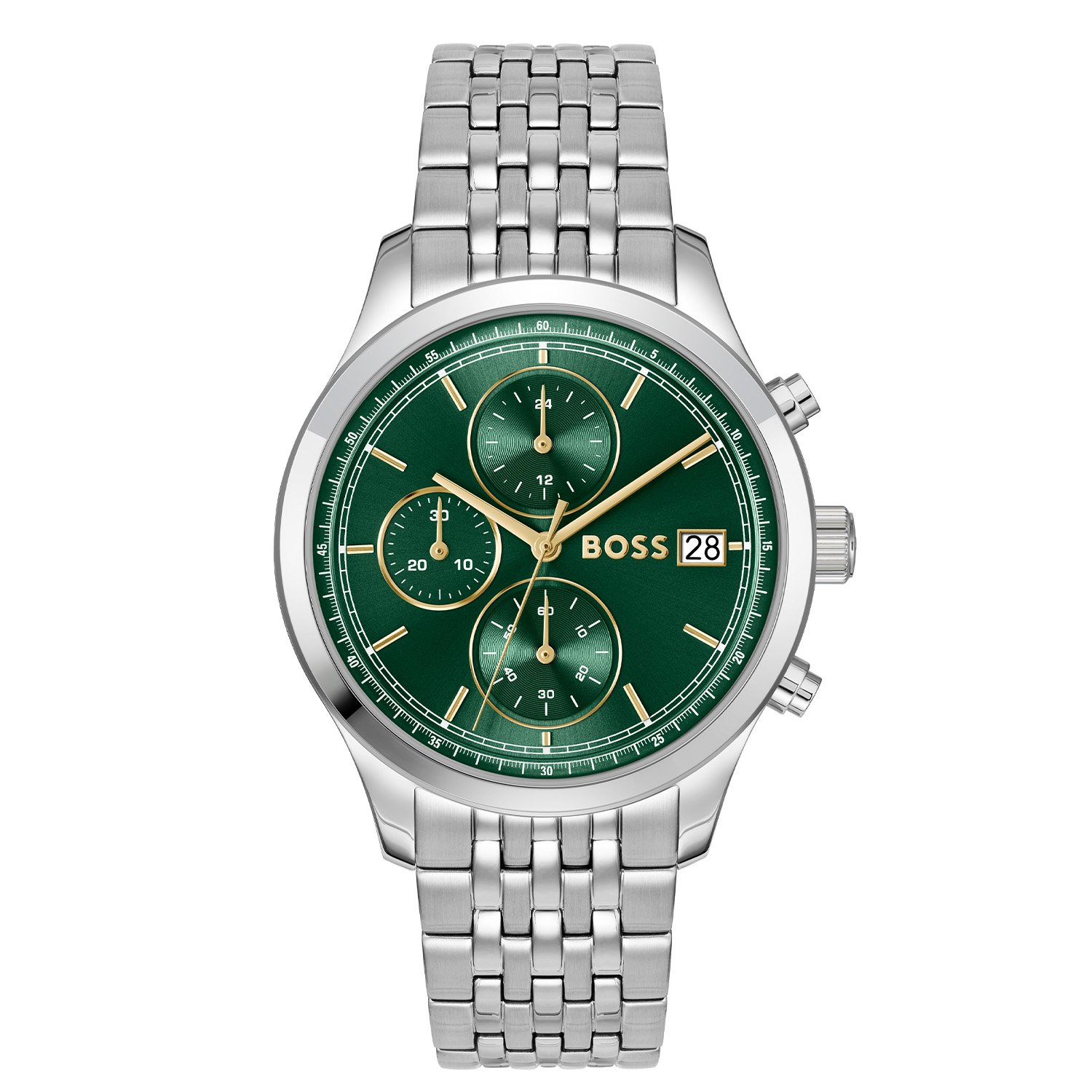 BOSS HB1514330 STRATUS 41mm
Dit BOSS horloge uit de STRATUS serie met artikelnr: HB1514330 heeft een sportieve uitstraling. Het gaat niet alleen om de tijd, maar ook om elk moment te grijpen en er je eigen draai aan te geven. Wees je eigen baas, bepaal je eigen tempo en ga ervoor. Het herenhorloge valt op door zijn stalen horlogekast met een groene sunray wijzerplaat met een chronograaf en een datum. Aan de kast zit een stalen schakelband met een vouwsluiting. Het horloge heeft een doorsnee van 41mm, een mineraalglas en is 5ATM. 

HET MERK:
HUGO BOSS is afgestemd op levensstijlen waar het gaat om kwaliteit en precisie. Het wereldwijde fashionlabel is verdeeld in twee merken: BOSS en HUGO. Het merk BOSS biedt geavanceerde, moderne horloges gericht op kwaliteit en design om een onberispelijke look te cre&euml;ren &ndash; of het nu zakelijk, casual of sportief is. De horloge collectie van BOSS is perfect afgestemd op levensstijlen waar het gaat om kwaliteit en precisie. BOSS is op maat gemaakt in een onberispelijke stijl.

SPECIFICATIES:
- Mineraalglas
- Ronde kastvorm, 41mm
- Stalen horlogekast
- Groene wijzerplaat
- Stalen schakelband
- Datum/ chronograaf
- 5ATM