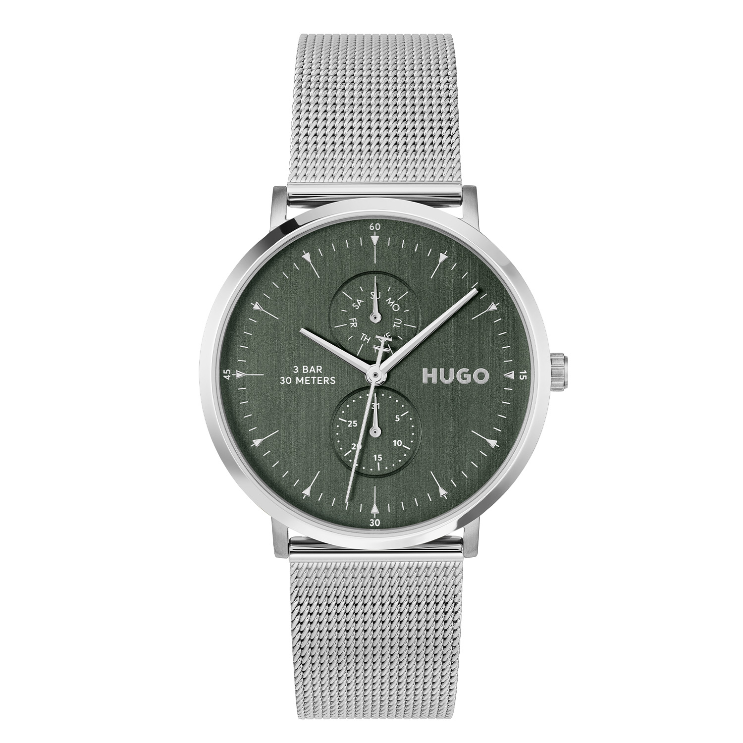 HUGO #STYLE HU1530455 Herenhorloge 40mm
Dit Hugo herenhorloge HU1530455 straalt moderne klasse en minimalisme uit. De slanke kast zorgt voor een elegante en tijdloze uitstraling, perfect passend bij zowel formele als casual outfits. Het strakke ontwerp maakt dit horloge tot een veelzijdig accessoire voor elke gelegenheid. De stijlvolle milanese horlogeband van fijn gevlochten staal geeft het horloge een luxe en comfortabele pasvorm. Het herenhorloge heeft een groene wijzerplaat met dag en datum, een mineraalglas, een doorsnee van 40mm en is 3ATM.

HET MERK:
HUGO BOSS is afgestemd op levensstijlen waar het gaat om kwaliteit en precisie. Het wereldwijde fashionlabel is verdeeld in twee merken: BOSS en HUGO. Het merk HUGO presenteert eigentijdse en vooruitstrevende designs volgens de laatste fashion trends waarmee mensen worden gestimuleerd om zichzelf te zijn. Scherp maatwerk en casual horloges gecombineerd met een progressieve attitude. HUGO horloges zijn er voor de urban en ruimdenkende man die de leiding durft te nemen. De enige regel van de HUGO-man als het om stijl gaat: zijn authentieke zelf en niets anders.

Maak kennis met de nieuwe horlogecollectie van HUGO.

SPECIFICATIES:
- Mineraalglas
- Ronde kast, &Oslash; 40mm
- Stalen horlogekast
- Groene wijzerplaat
- Stalen milanese band
- 3ATM