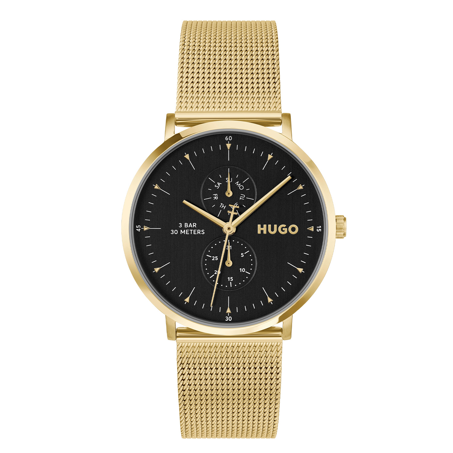 HUGO #STYLE HU1530458 Herenhorloge 40mm
Dit Hugo herenhorloge HU1530458 straalt moderne klasse en minimalisme uit. De slanke goudkleurige kast zorgt voor een elegante en tijdloze uitstraling, perfect passend bij zowel formele als casual outfits. Het strakke ontwerp maakt dit horloge tot een veelzijdig accessoire voor elke gelegenheid. De stijlvolle goudkleurige milanese horlogeband van fijn gevlochten staal geeft het horloge een luxe en comfortabele pasvorm. Het herenhorloge heeft een zwarte wijzerplaat met dag en datum, een mineraalglas, een doorsnee van 40mm en is 3ATM.

HET MERK:
HUGO BOSS is afgestemd op levensstijlen waar het gaat om kwaliteit en precisie. Het wereldwijde fashionlabel is verdeeld in twee merken: BOSS en HUGO. Het merk HUGO presenteert eigentijdse en vooruitstrevende designs volgens de laatste fashion trends waarmee mensen worden gestimuleerd om zichzelf te zijn. Scherp maatwerk en casual horloges gecombineerd met een progressieve attitude. HUGO horloges zijn er voor de urban en ruimdenkende man die de leiding durft te nemen. De enige regel van de HUGO-man als het om stijl gaat: zijn authentieke zelf en niets anders.

Maak kennis met de nieuwe horlogecollectie van HUGO.

SPECIFICATIES:
- Mineraalglas
- Ronde kast, &Oslash; 40mm
- Stalen goudkleurige horlogekast
- Zwarte wijzerplaat
- Stalen goudkleurige milanese band
- 3ATM