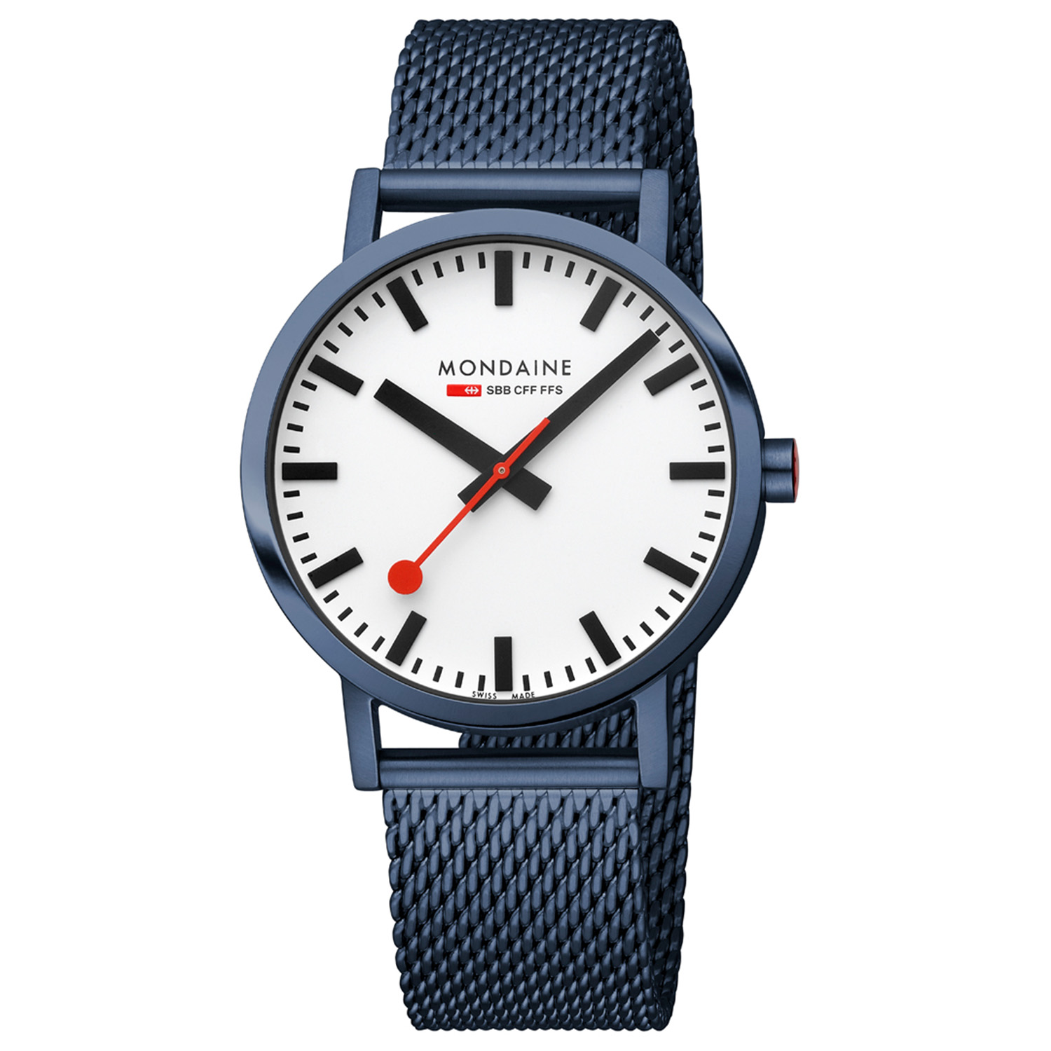 Mondaine Classic M660.30360.1BSBM - Horloge - Mesh - Blauw - 40mm
Dit unieke Mondaine horloge met nummer: M660.30360.1BSBM uit de Classic serie heeft een sportief uiterlijk. Het horloge is geschikt voor mannen en vrouwen. De blauwe matte horlogekast heeft een strakke gladde rand met een witte wijzerplaat. Op de wijzerplaat is de uursaanduiding met zwarte strepen duidelijk zichtbaar en als blikvanger draait de rode secondewijzer sierlijk in het rond, net als de wel bekende stationsklok. Het horloge is voorzien van BackLight, een gepatenteerde Mondaine-technologie, waardoor de tijd ook in het donker afleesbaar is. Aan het stijlvolle kastje zit een blauwe meshband met easy-click systeem en een druksluiting. Het horloge is Swiss Made, heeft een gehard mineaalglas, een doorsnee van 40mm en is 5ATM. 

Het Merk:
The Official Swiss Railway Watch. Gebaseerd op de offici&euml;le stationsklok van de Zwitserse spoorwegen, is 30 jaar geleden de horlogelijn onder het merk Mondaine opgezet. Zwitserse kwaliteitsuurwerken, net zo punctueel als de Zwitserse treinen. Een echte design klassieker met een unieke wijzerplaat en de wereldberoemde rode secondewijzer met bolletje. Herkenbaar uit duizenden.

Specificaties:
- Gehard mineraalglas
- Witte wijzerplaat
- Swiss Made
- 5ATM (Regen- & spatwaterdicht)
- 40mm
- Stale blauwe meshband