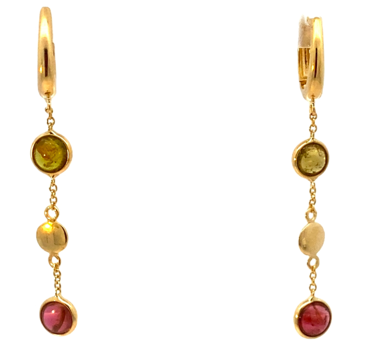  Monzario 14krt geelgouden oorhangers met Toermalijn zijn elegante oorbellen. Ze hebben een gemakkelijke klapsluiting. Ideaal om te dragen bij zowel formele als casual gelegenheden. Combineer ze met andere gouden sieraden voor een verfijnde look. Perfect voor elke vrouw die houdt van een vleugje luxe.