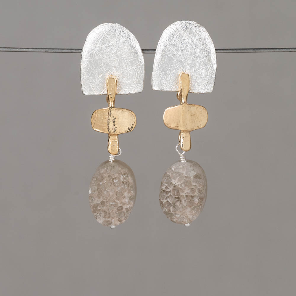 Oorsteker zilver + verguld Tripel + druzy Zilver, Verguld