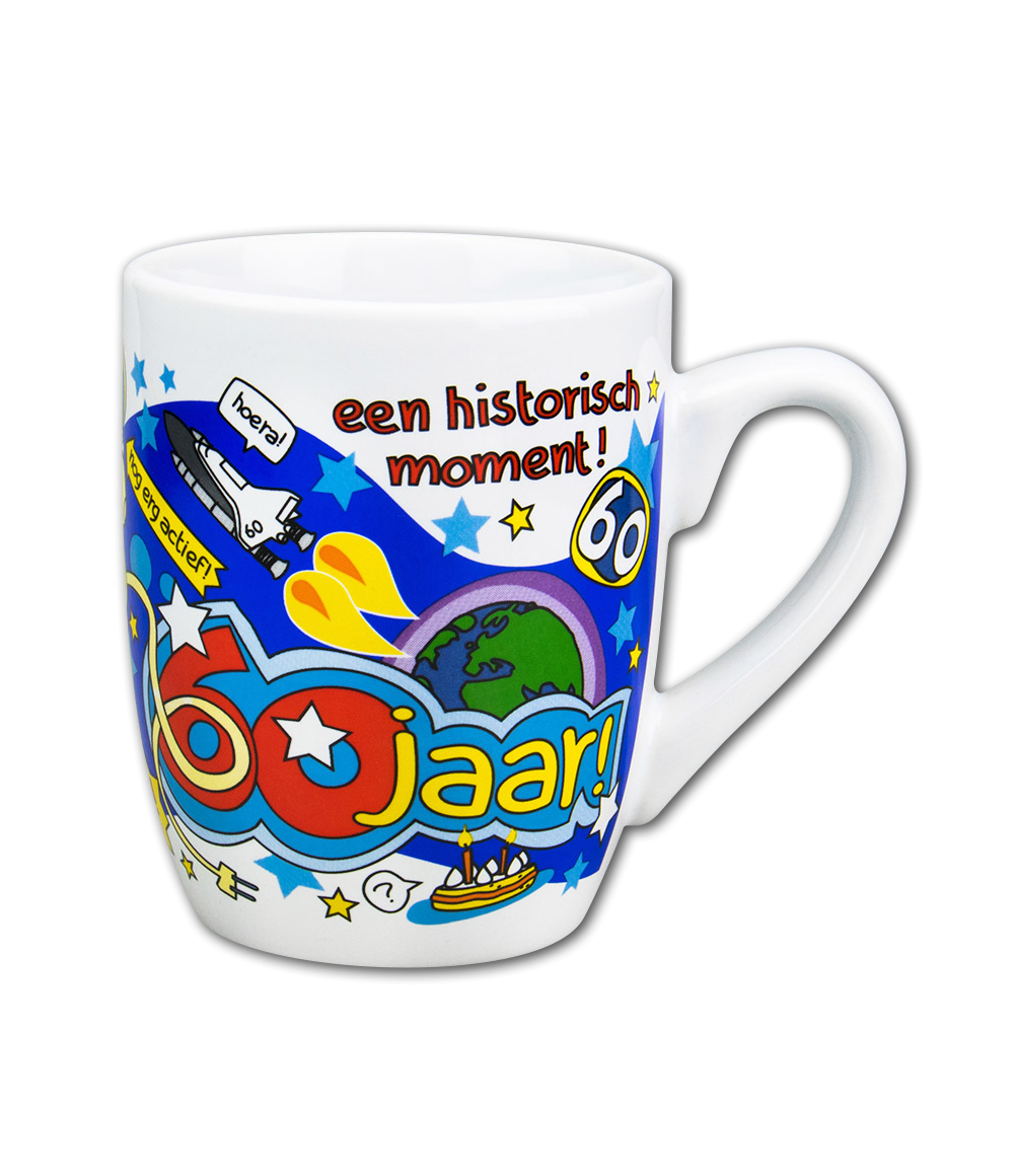 Deze mok met grappige tekening en tekst 60 jaar is gemaakt van keramiek en door de unieke 'cartoon' style is deze mok een echte eyecatcher