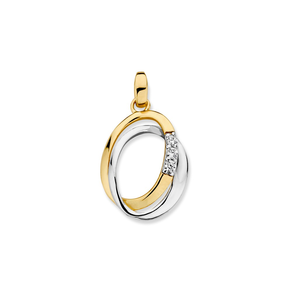 Deze prachtige gouden hanger, is gemaakt van 14-karaat goud en heeft een elegant ontwerp met drie zirconia&rsquo;s. De hanger is goud- en zilverkleurig. Draag het aan een fijne ketting voor een verfijnde look bij zowel casual als formele outfits. Perfect voor elke gelegenheid, van dagelijks gebruik tot bijzondere gelegenheden.