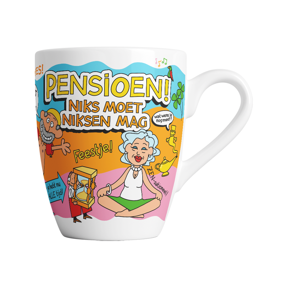 Deze mok met grappige tekening en tekst Pensioen, niks moet is gemaakt van keramiek en door de unieke 'cartoon' style is deze mok een echte eyecatcher. 