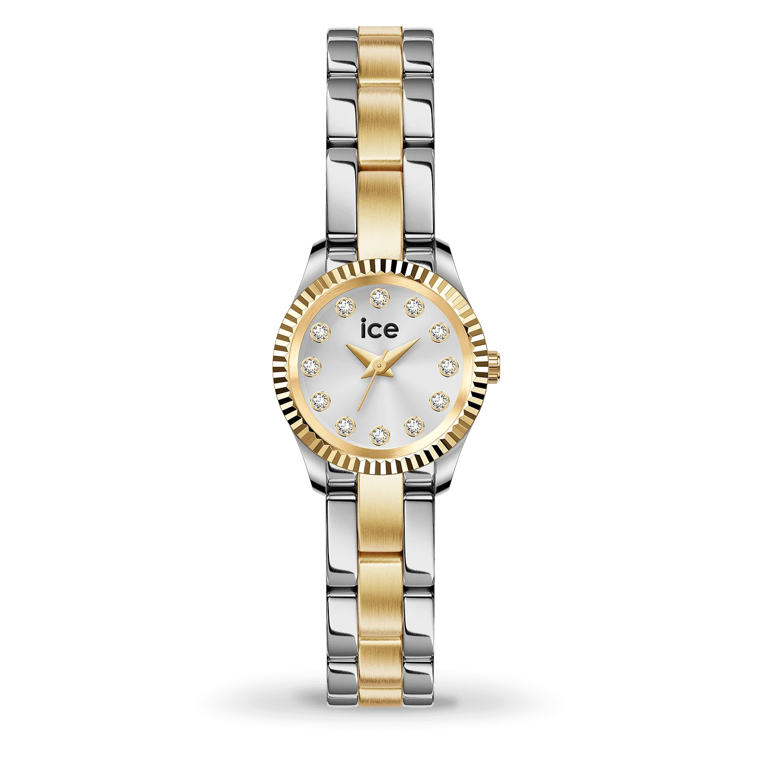 De ICE Horloge Mimi - Silver Gold 19mm (modelnummer 025537) is een elegante dameshorloge met een goud-zilverkleurige roestvrijstalen kast en band. De analoge wijzerplaat is wit met decoratieve diamantindexen. Dit horloge heeft geen datumaanduiding, is waterbestendig tot 3 ATM en is perfect voor formele gelegenheden. Draag het bij speciale gelegenheden voor een verfijnde uitstraling.