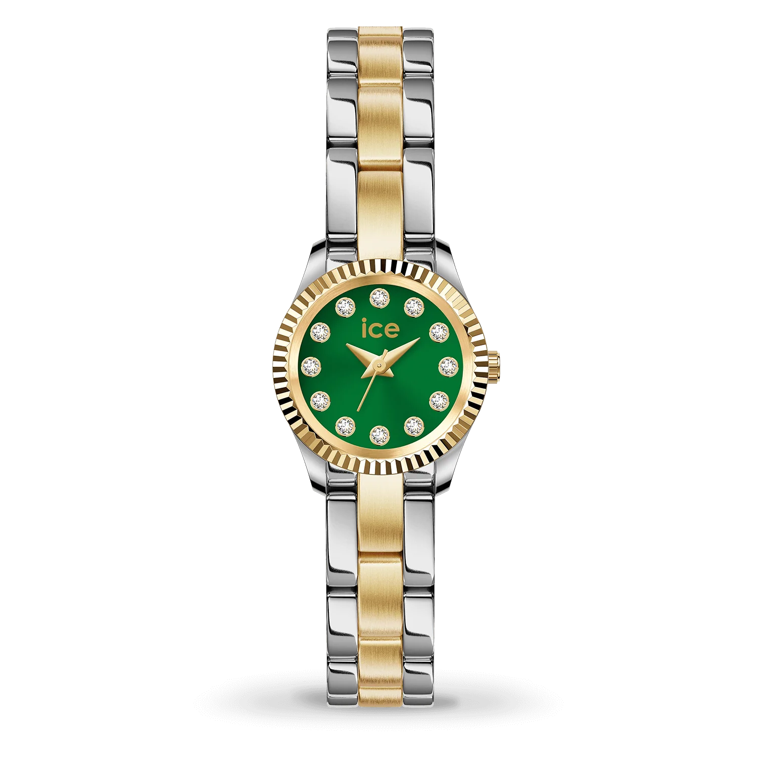 De ICE Horloge Mimi (modelnummer 025538) is een elegante polshorloge met een roestvrijstalen kast en band in goud-zilver. Het heeft een groen wijzerplaat met decoratieve diamanten. De analoge quartz uurwerk is waterbestendig tot niveau 3. Zonder datum- of lichtfunctie, maar wel nikkelvrij. Perfect te dragen bij formele en alledaagse gelegenheden.