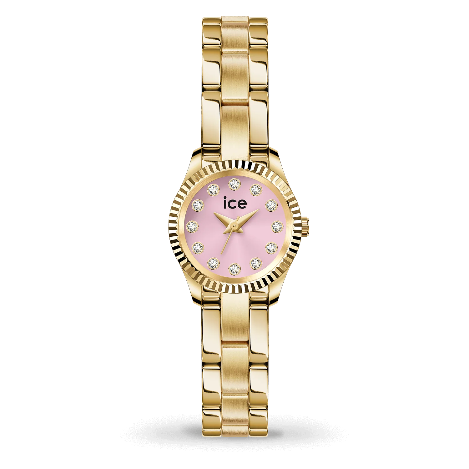 De ICE mimi Gold Pink horloge is een elegante polshorloge met een roestvrijstalen kast en band in goudkleur, en een roze wijzerplaat versierd met sierdiamanten. Het heeft een ronde vorm, analoge kwartsbeweging, mineraalglas en is nikkelvrij. Waterbestendig tot 3 ATM. Perfect voor een verfijnde stijl bij elke gelegenheid. Draag met een delicate armband.