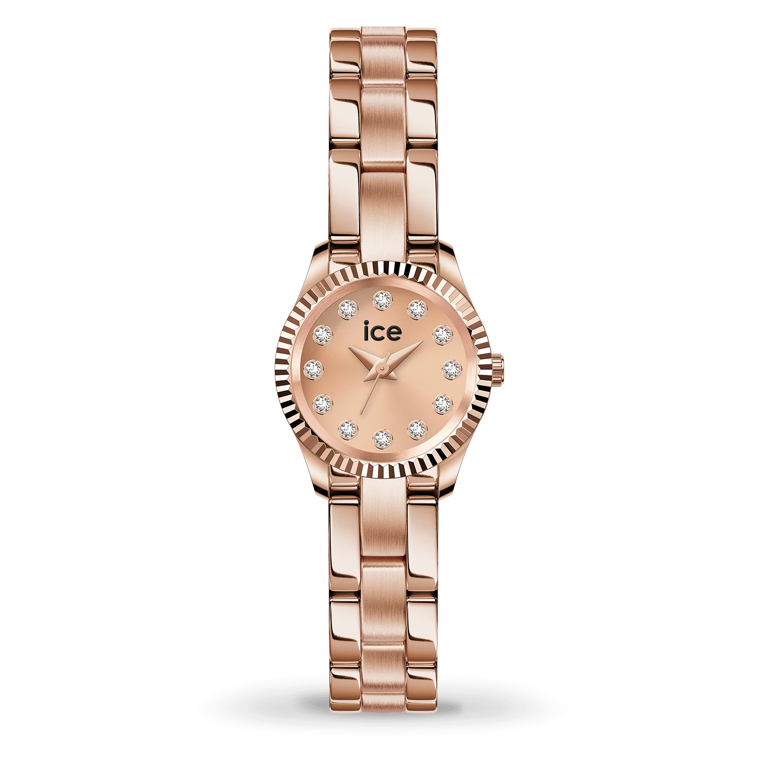 De ICE Horloge mimi Rose-gold - 19mm (modelnummer 025541) is een elegante dameshorloge met een roestvrijstalen kast en band in ros&eacute;goud. De ronde kast bevat mineraalglas en een analoog uurwerk met versierde diamanten op de wijzerplaat. Het horloge heeft een waterdichtheidsniveau van 3 ATM. Draag het bij formele gelegenheden voor een verfijnde uitstraling.