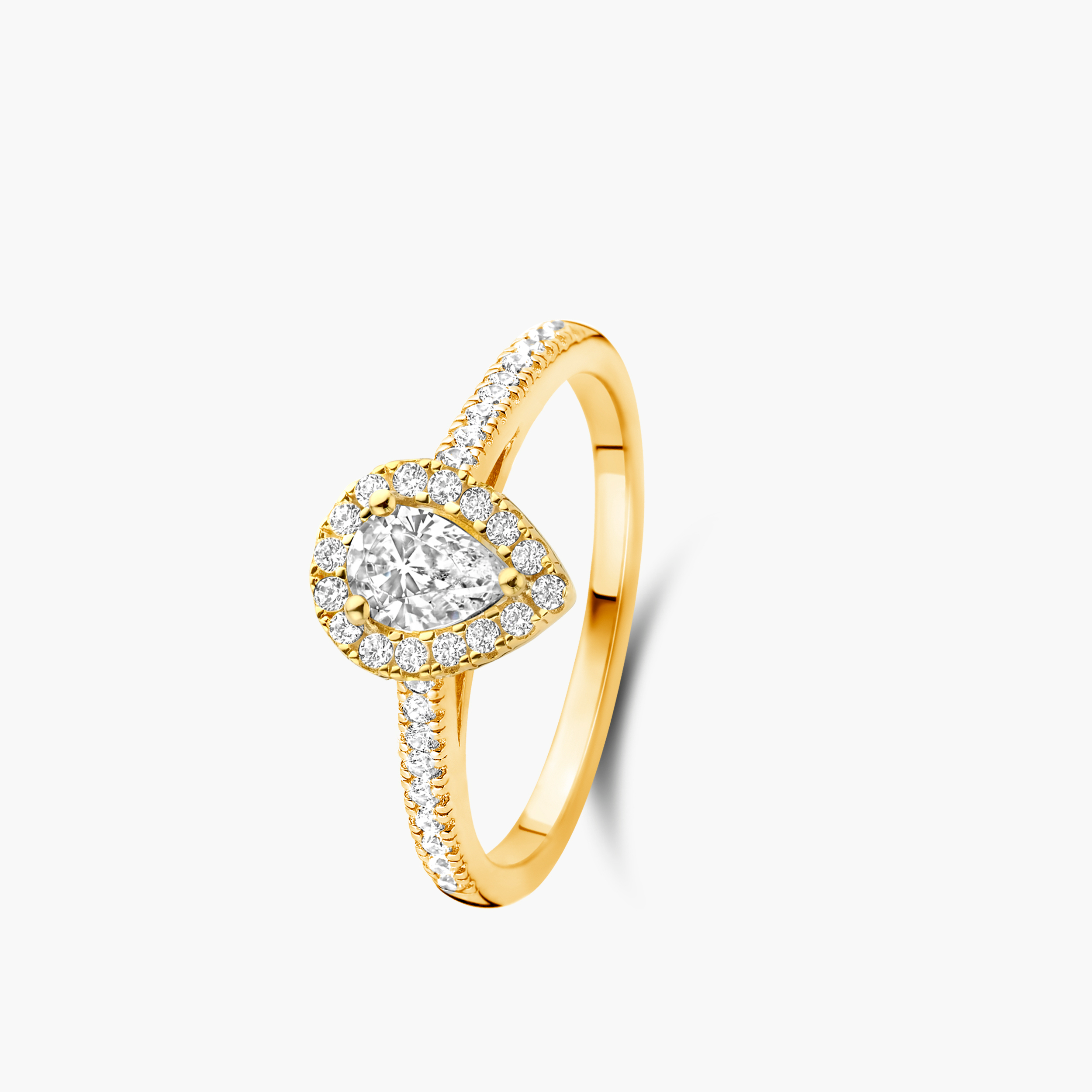 Ring 18 kt met peervormige labgrown diamond van 1.03ct en 34 briljant geslepen labgrown diamonds van 0.36 ct 