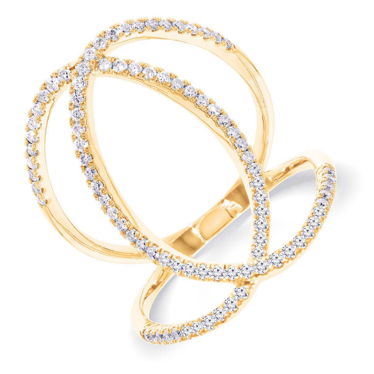 Dit is een elegante ring van 14-karaats goud,  De ring heeft een infinity-vorm en is bezet met 88 briljant geslepen diamanten met SI1 zuiverheid en H kleur, gezamenlijk 0,56 Carat.  draag deze ring als een opvallend stijlstatement om bijvoorbeeld de middelvinger.