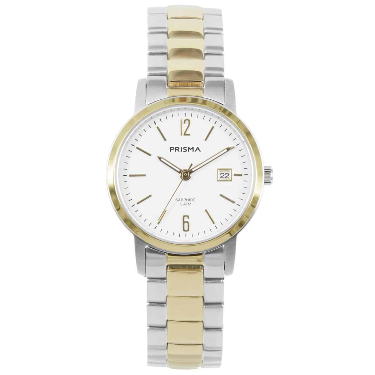 Prisma horloge P.1476 dames edelstaal saffierglas 5 ATM 

Algemeen
Geslacht: dames
Model: P1476

Voordelen
- band edelstaal zilver/goudkleurig (bicolor)
- wijzerplaat wit met goudkleurig streepjes
- glas is zeer krasvast
- wijzers lichtenop in donker
- datum
- spat waterdicht: handenwassen, regen
- quartz
- maat kast 28mm (breedte) 7,4mm (dikte)




