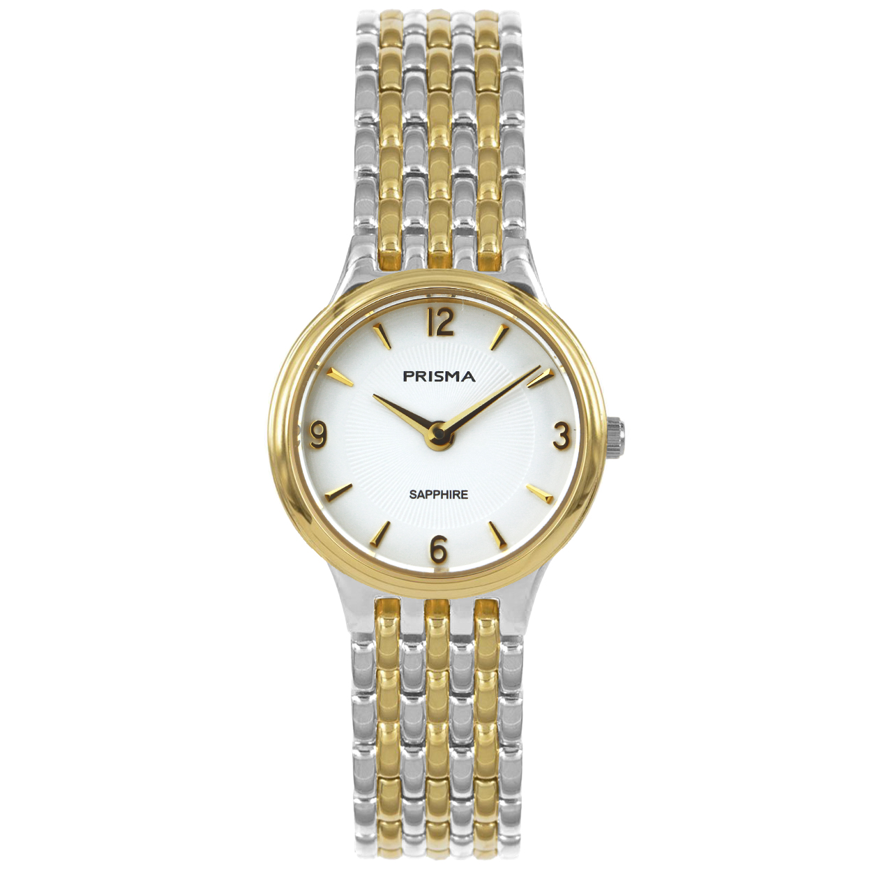 Prisma horloge P1416 dames edelstaal saffierglas 5 ATM bicolor 5ATM

Algemeen
Geslacht: dames
Model: P.1416

Voordelen
- band edelstaal bicolor
- wijzerplaat wit met cijfers goudkleurig
- glas is zeer krasvast
- compacte sluiting met extradraagcomfort
- spat waterdicht: handenwassen, regen
- quartz
- maat kast 23mm (breedte) 6,6 mm (dikte)

