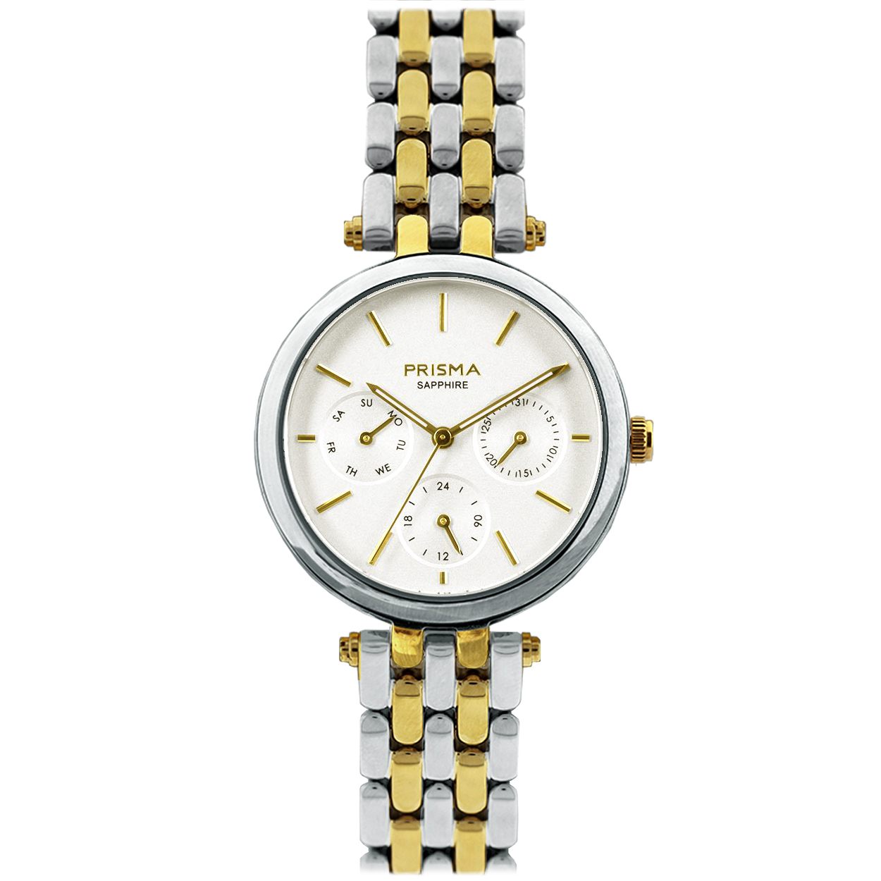 Prisma horloge P3001 TOISE dames multifunctie edelstaal saffierglas 5 ATM 

Algemeen
Geslacht: dames
Model: P.3001

Voordelen
- band edelstaal zilver/goud (bicolor)
- multi-functie
- wijzerplaat off-white met goudkleurige streepjes
- glasis zeer krasvast
- compacte sluiting met extra draagcomfort
- 24 uurs aanduiding
- dagwijzer
- quartz
- maat kast 32 mm (breedte) 8 mm (dikte)

