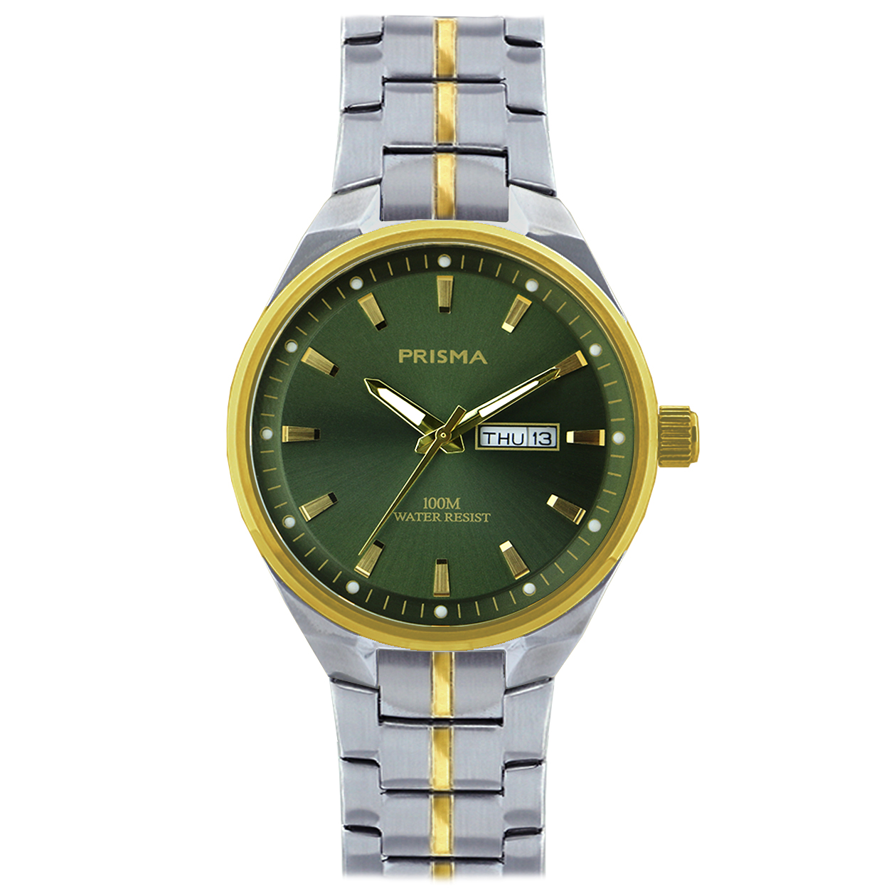 Prisma horloge P2434  Century heren edelstaal saffierglas 10ATM dag/datum

Algemeen
Geslacht: heren
Model: P.2434

Voordelen
- band edelstaal zilver/goud (bicolor)
- wijzerplaat groen met goudkleurige streepjes
- glas is zeer krasvast
- dag en datumweergave
- quartz
- maat kast 41 mm (breedte) 10.3 mm (dikte)

