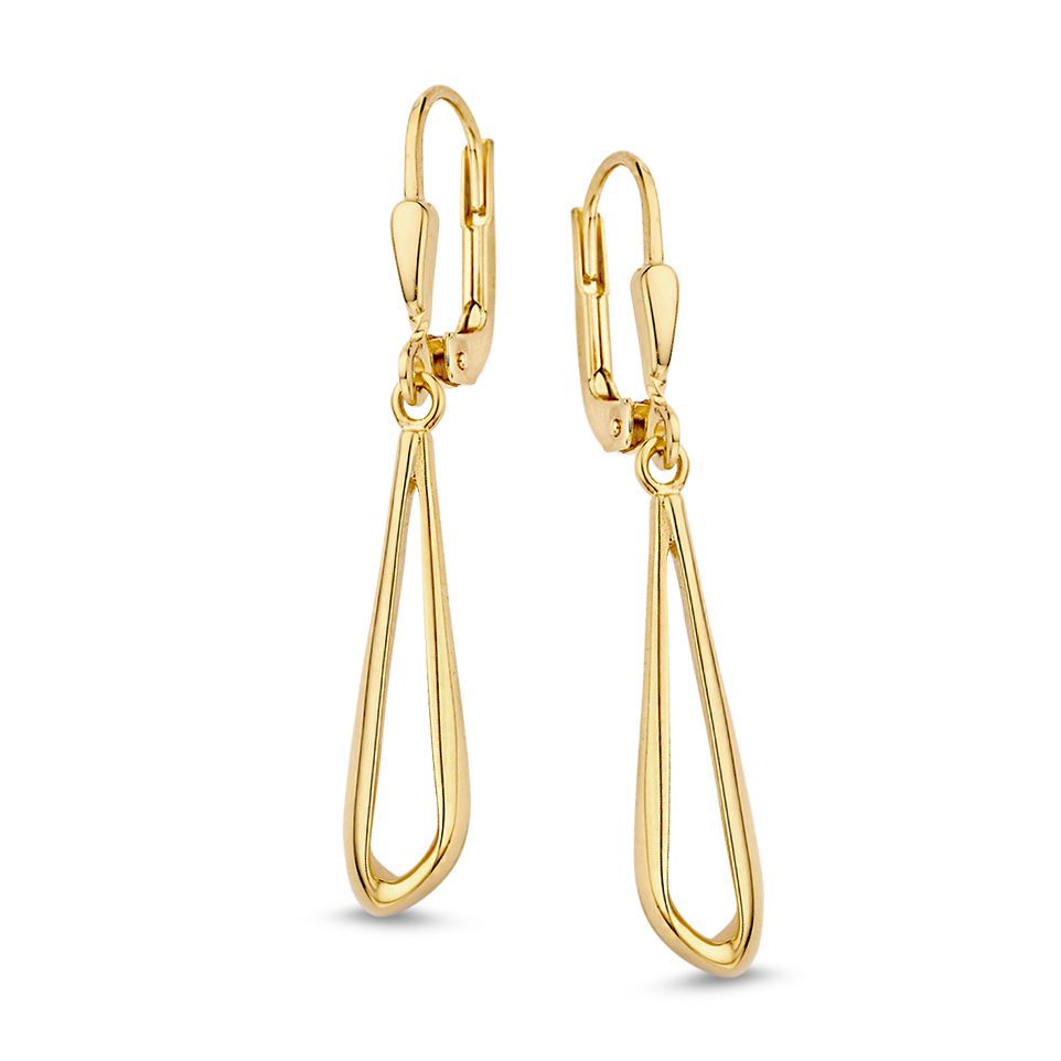 Geelgouden oorhaken met aanhangers in asymmetrische vorm.
