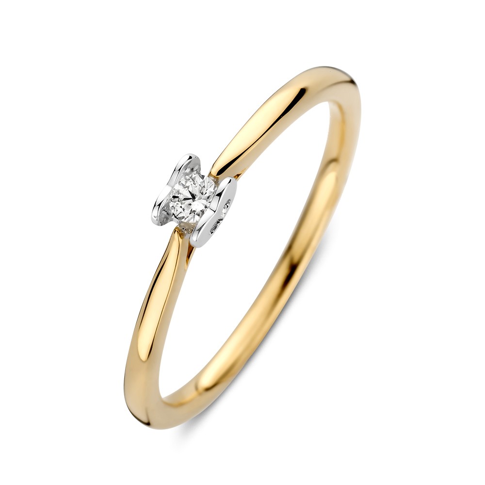 Excellent Jewelry bicolor gouden ring met briljant 0.07 crt en hartje onder de zetting.