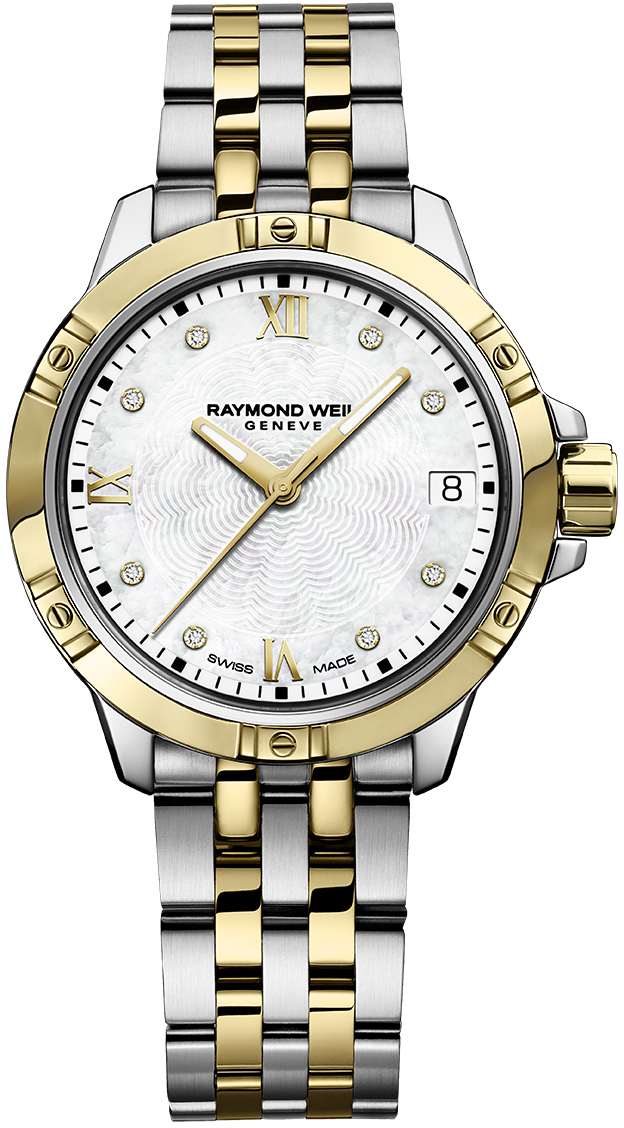 Raymond Weil Tango 5960-STP-00995 damespols horloge edelstaal met geel PVD en edelstalen band met vouwsluiting. Kast 30 mm met Quartz uurwerk, schroefkroon ontspiegeld Saffier glas en 10 ATM waterdicht.