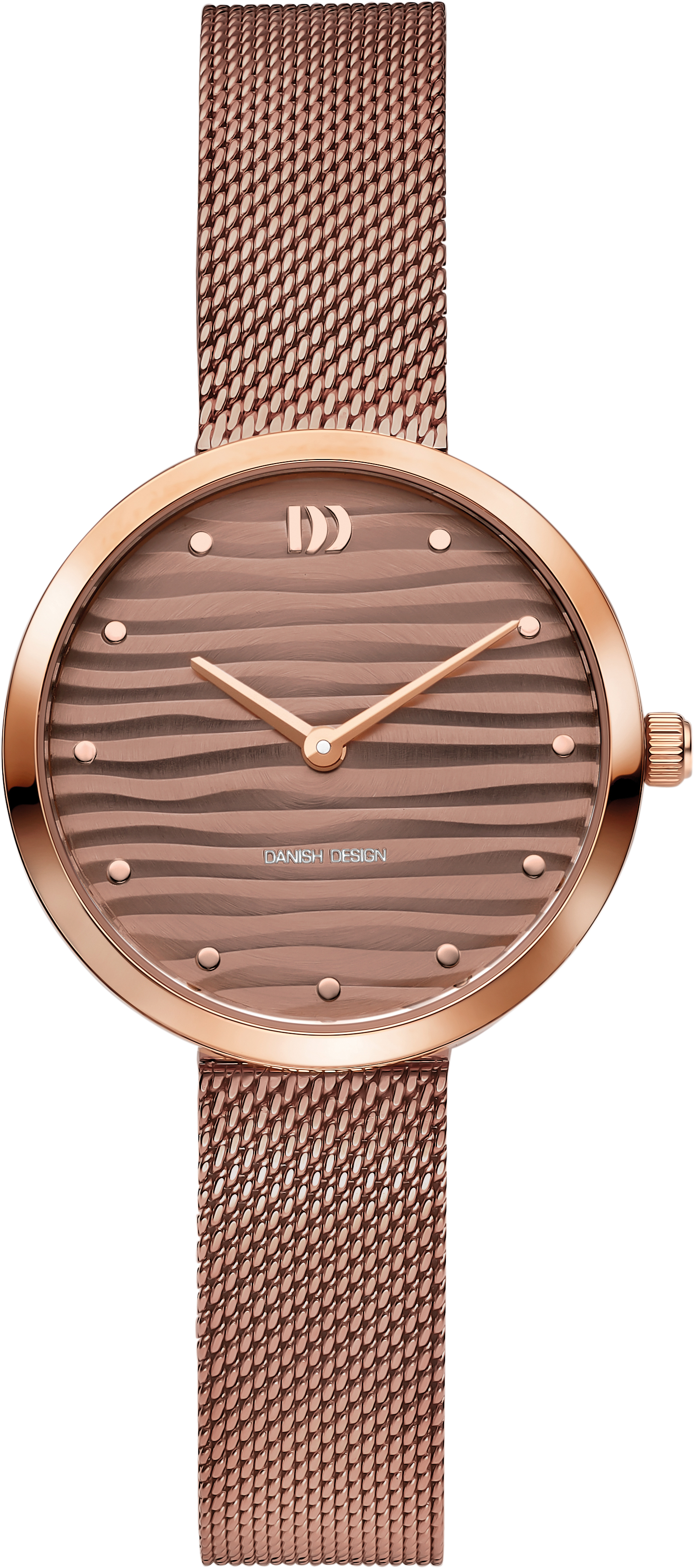 Dit stijlvolle DANISH DESIGN horloge, modelnummer IV69Q1307, heeft een bruine wijzerplaat en Milanees mesh bandje, beide in roestvrij staal. De ronde kast heeft een ros&eacute;gouden kleur, mineraalglas en een waterbestendigheid van niveau 3. Met een analoge weergave en quartz uurwerk is dit nikkelvrije horloge van 30 mm ideaal voor dagelijks gebruik en formele gelegenheden. Geen datumaanduiding.